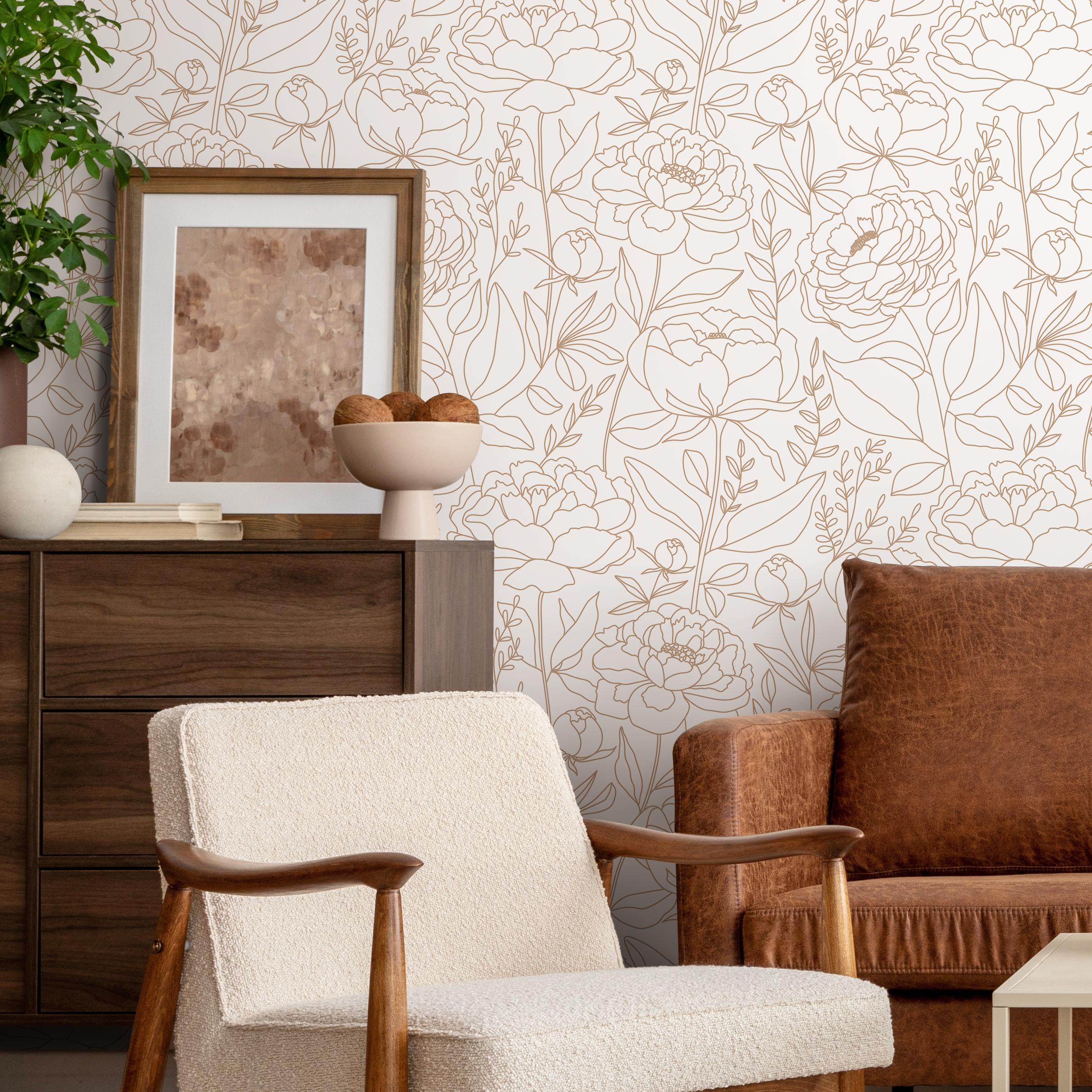 Floral Wallpaper With A Minimalist Peony Motif In Beige - Zabv
