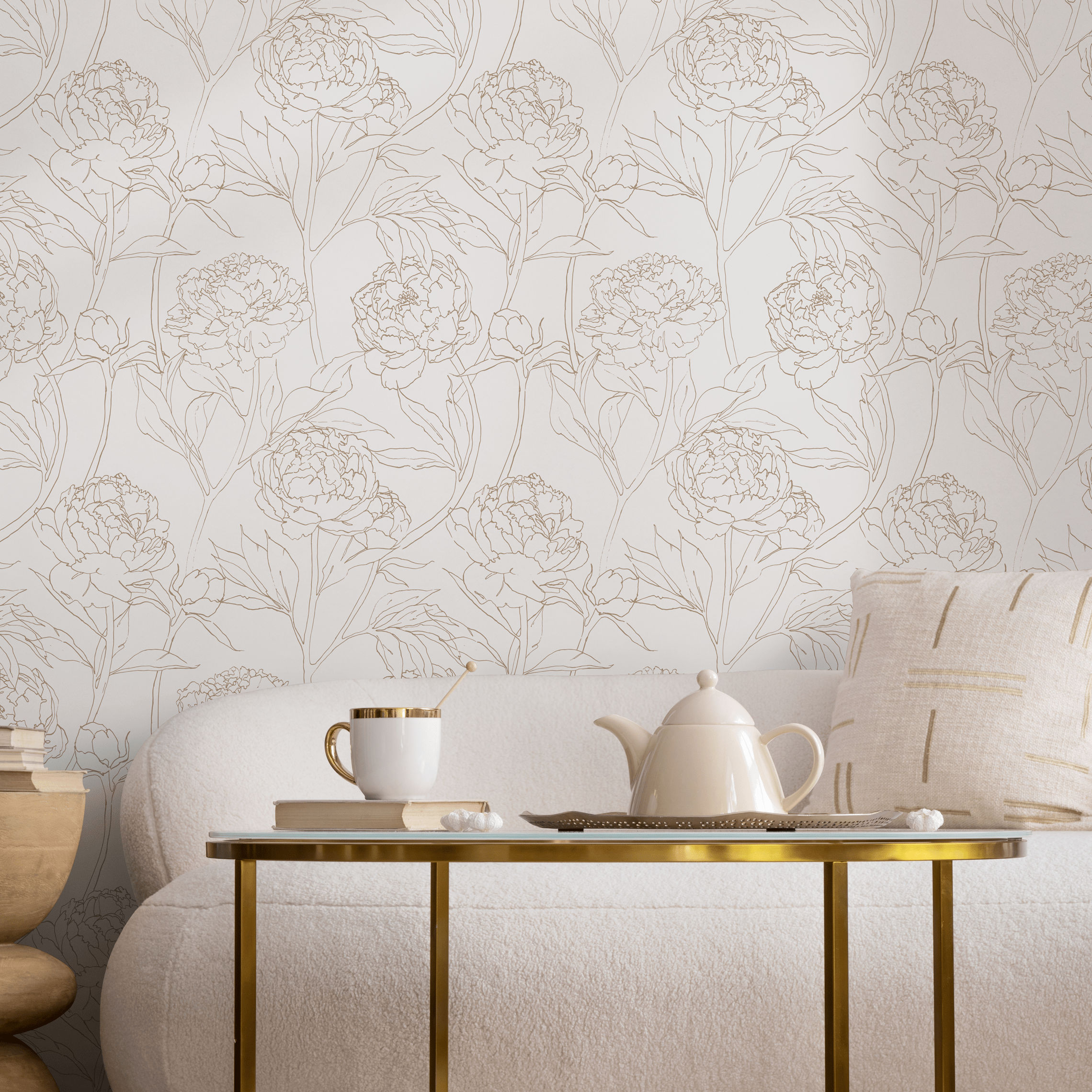 Floral Wallpaper With A Minimalist Peony Motif In Beige - Zabw