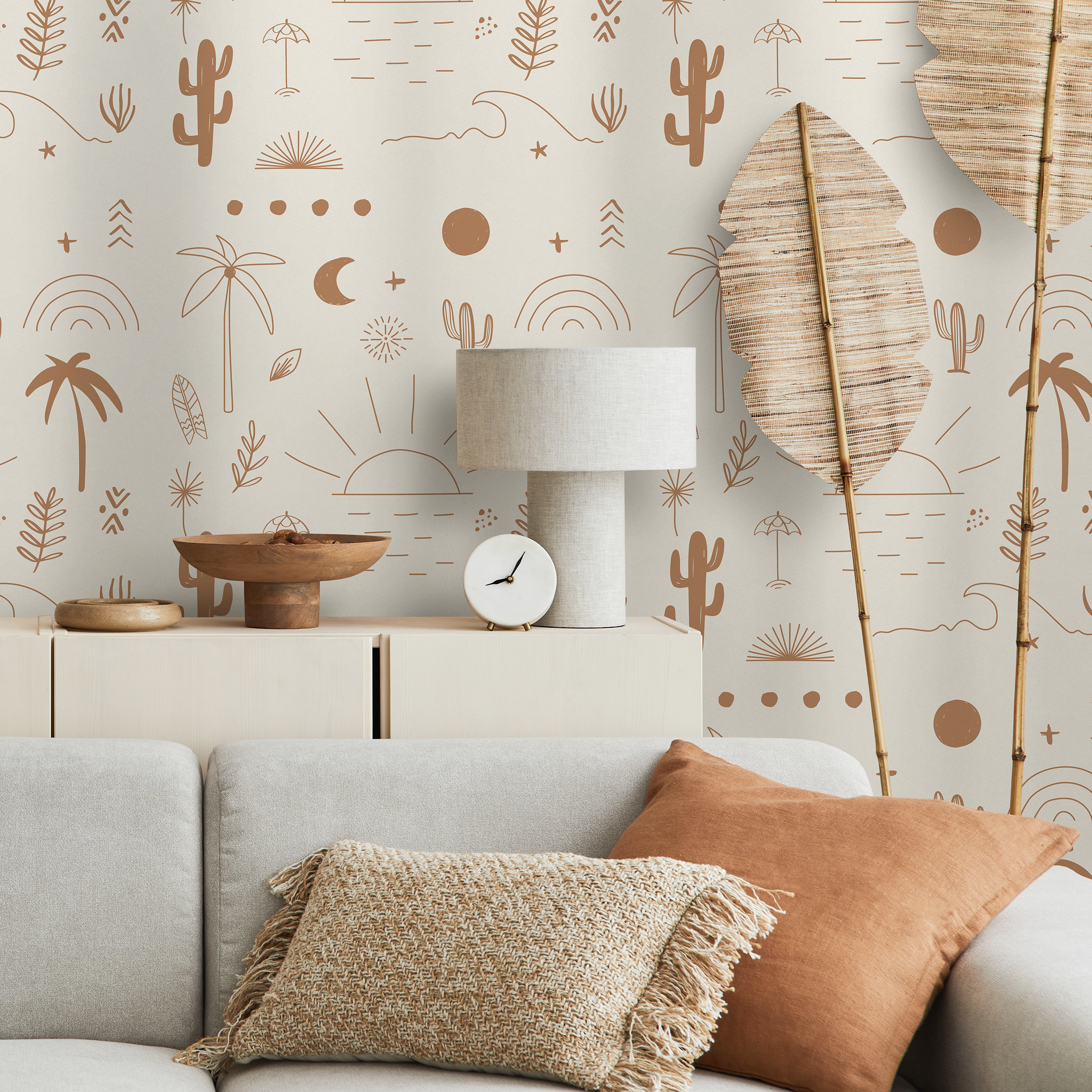 Boho Wallpaper With Desert Sun And Palm Tree Doodles In Terracotta And Beige - Zaby