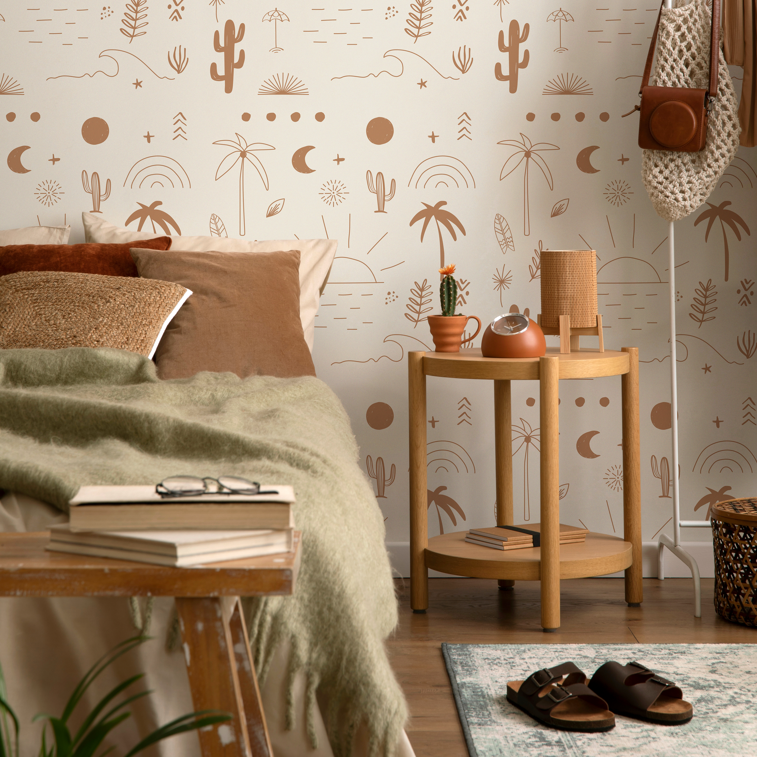 Boho Wallpaper With Desert Sun And Palm Tree Doodles In Terracotta And Beige - Zaby