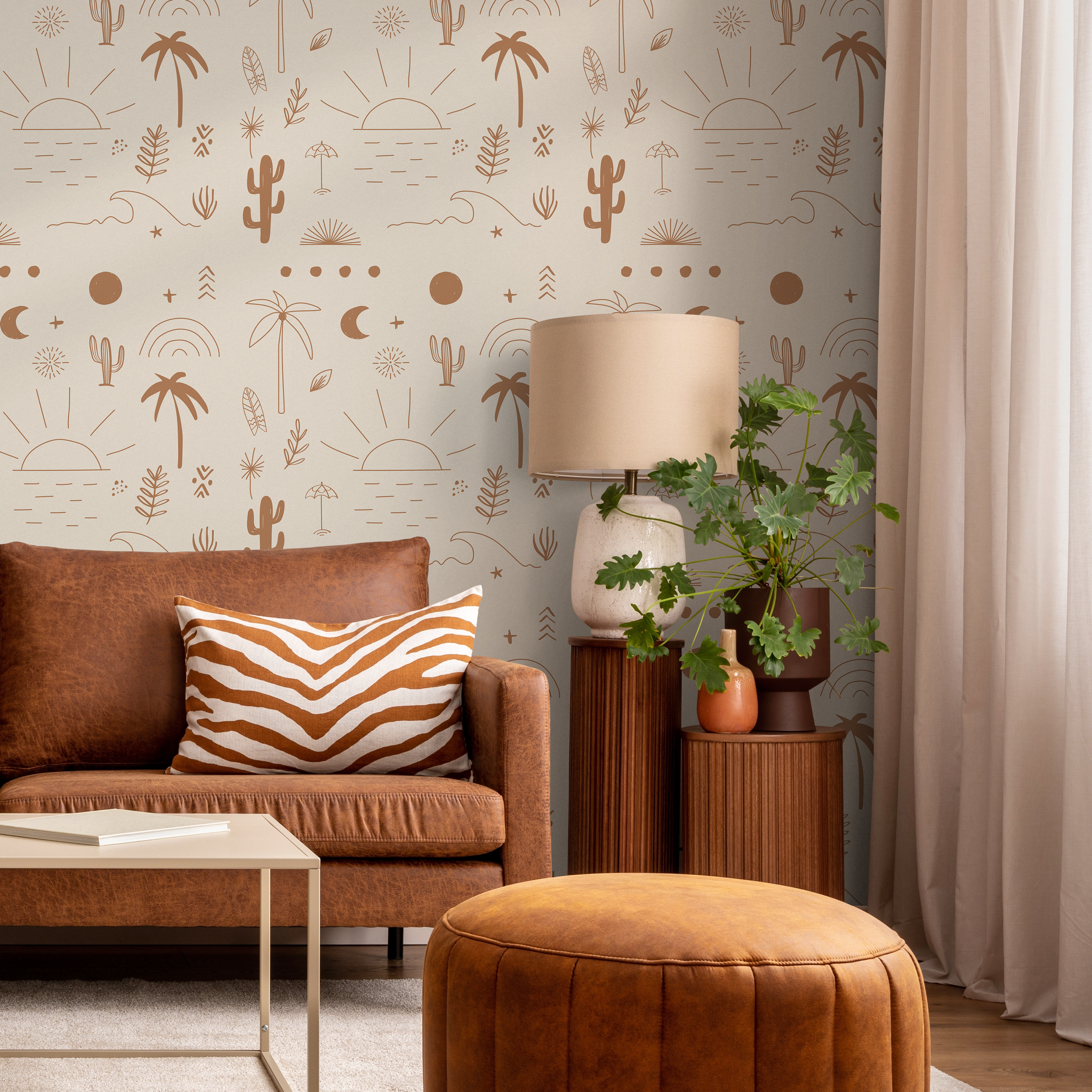 Boho Wallpaper With Desert Sun And Palm Tree Doodles In Terracotta And Beige - Zaby