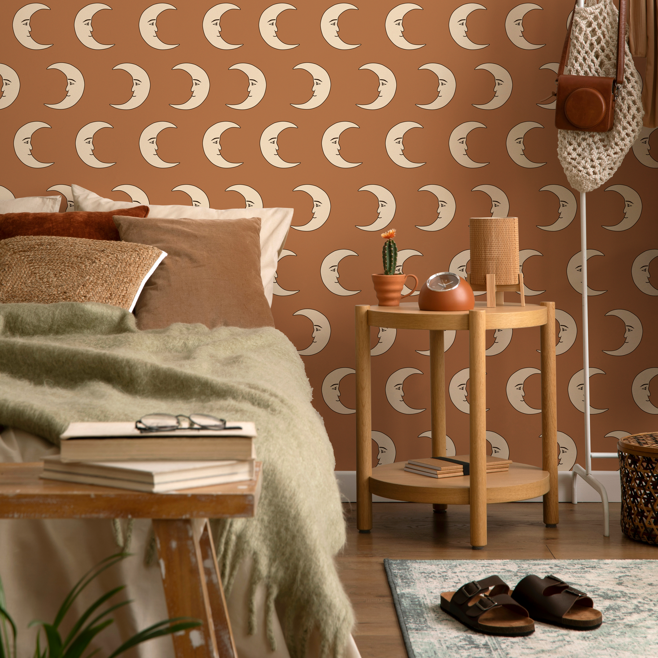 Celestial Wallpaper With A Crescent Moon Face Motif In Terracotta And Beige - Zabz