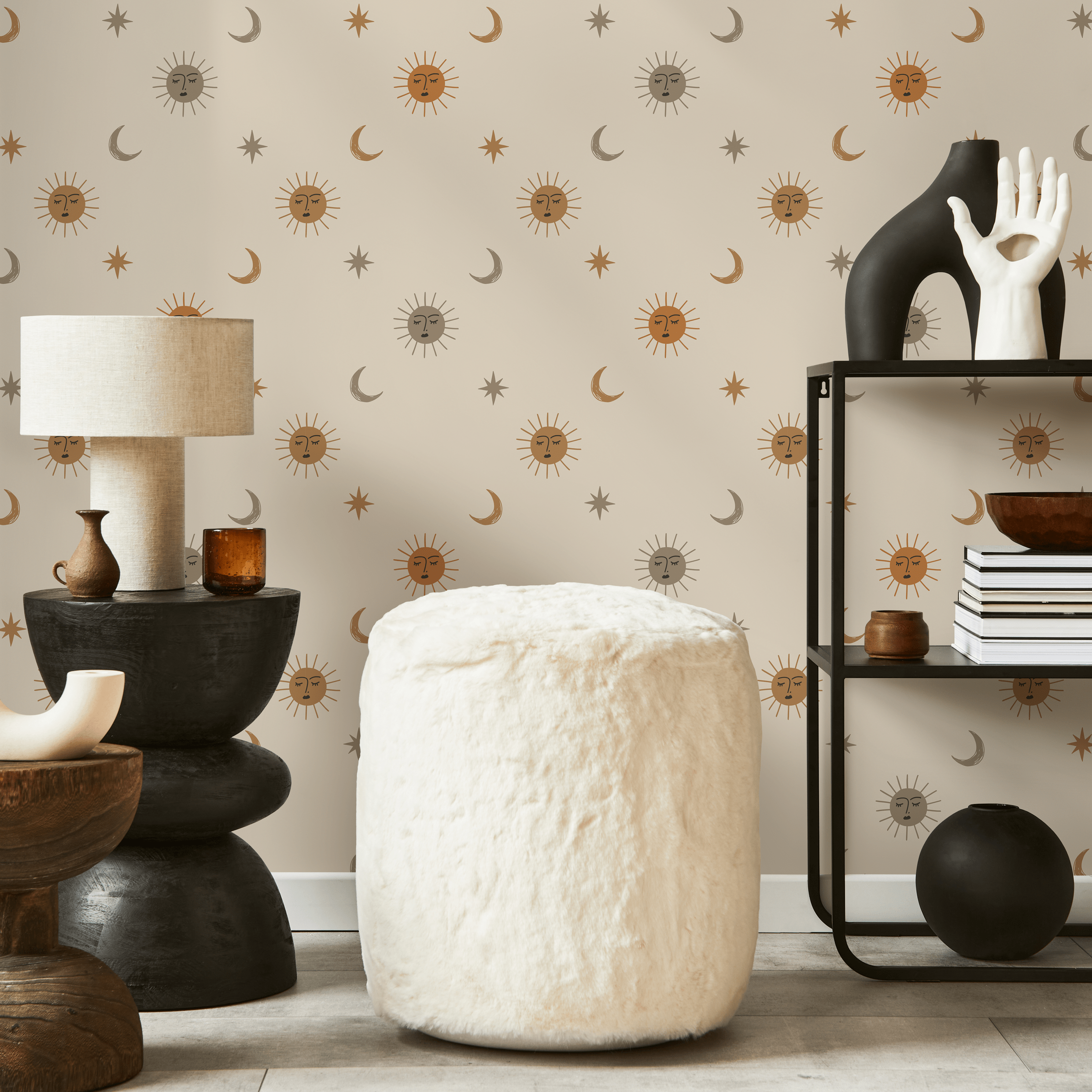Celestial Wallpaper With Sun, Moon, And Stars In Orange, Brown, And Gray - Zaca