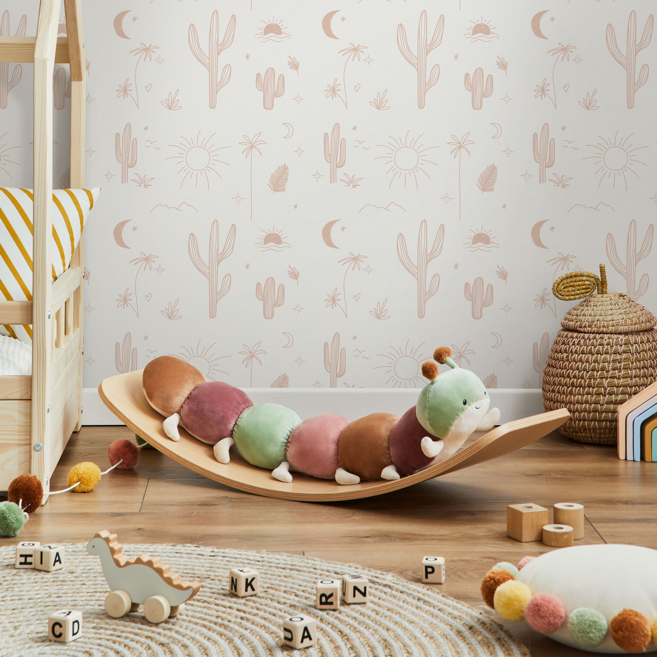 Desert Wallpaper With A Minimalist Cactus And Sun Motif In Light Terracotta - Zacb