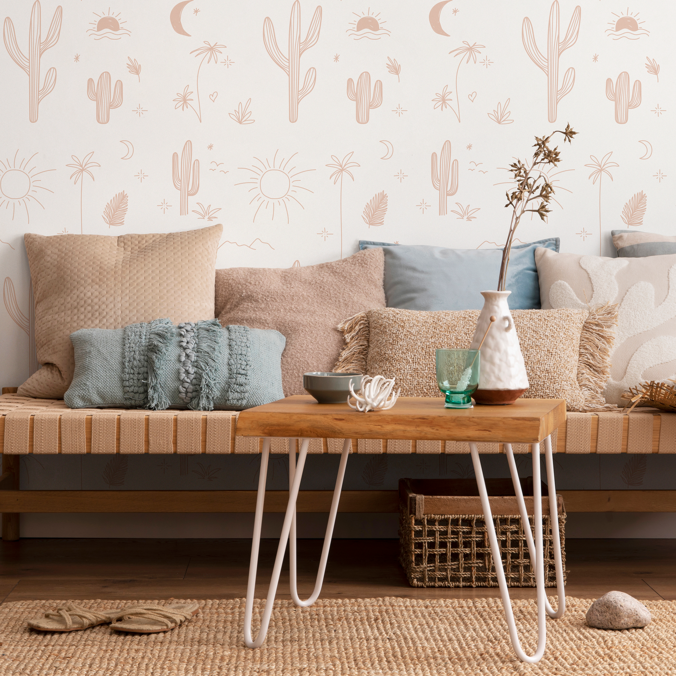 Desert Wallpaper With A Minimalist Cactus And Sun Motif In Light Terracotta - Zacb