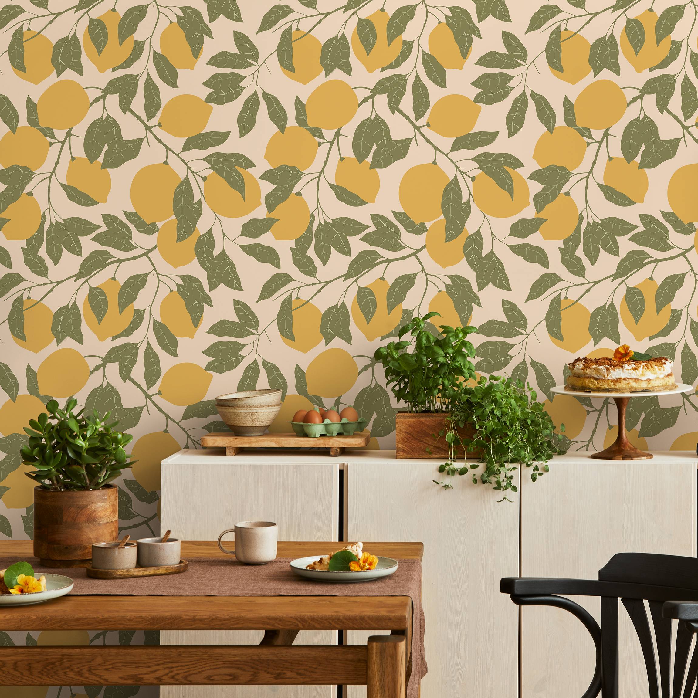 Botanical Wallpaper With A Lemon Motif In Yellow And Green - Zacc