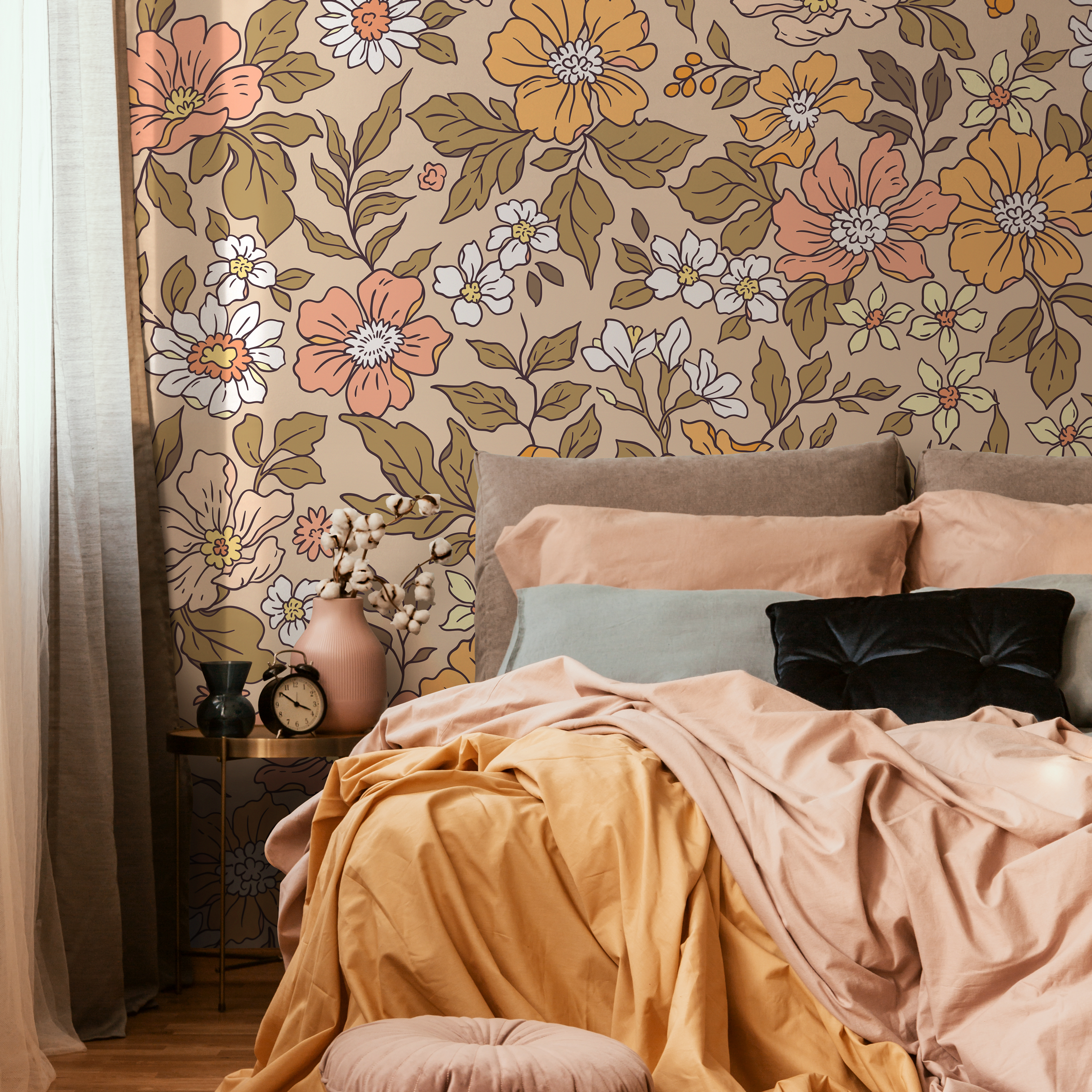 Vintage Floral Wallpaper With A Retro Meadow Design In Yellow, Pink, And Green - Zacd