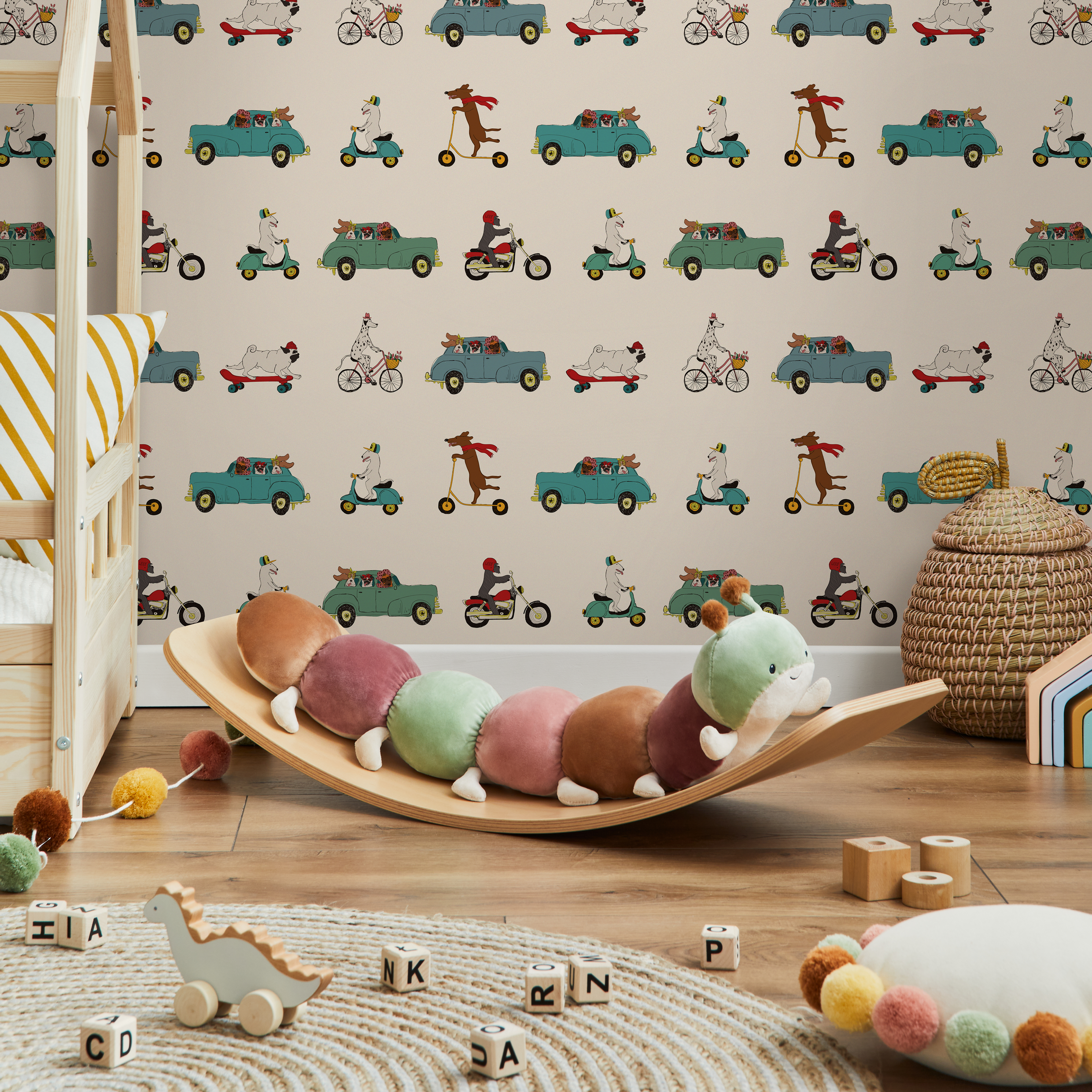 Animal Wallpaper Featuring Dogs In Cars And Scooters In Teal And Red - Zace