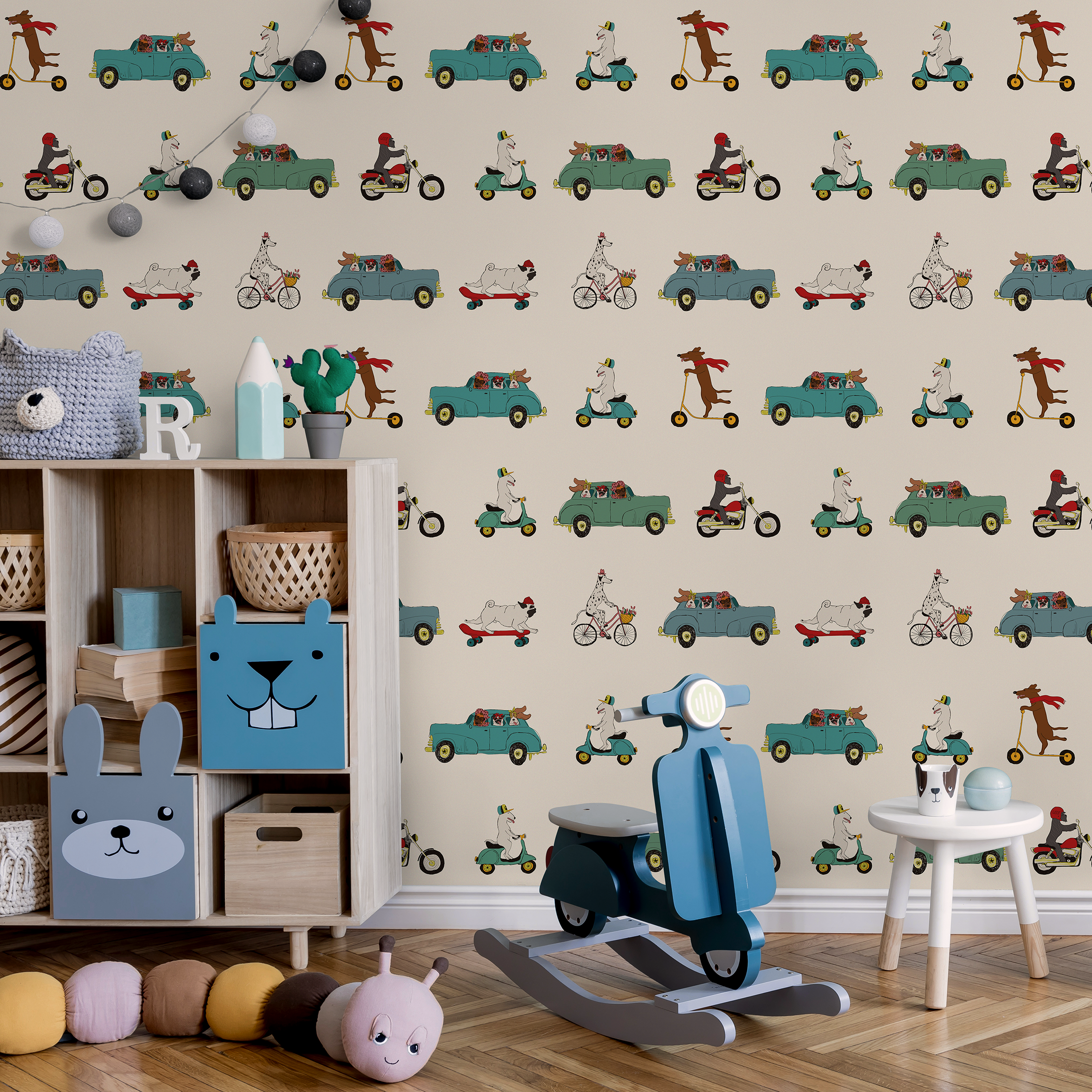 Animal Wallpaper Featuring Dogs In Cars And Scooters In Teal And Red - Zace