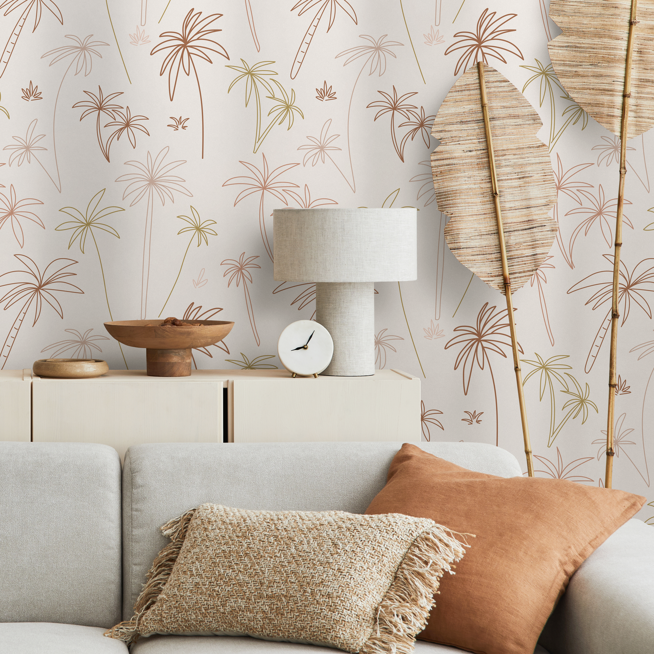Tropical Wallpaper With Boho Palm Tree Illustrations In Brown, Green, And Beige - Zacf