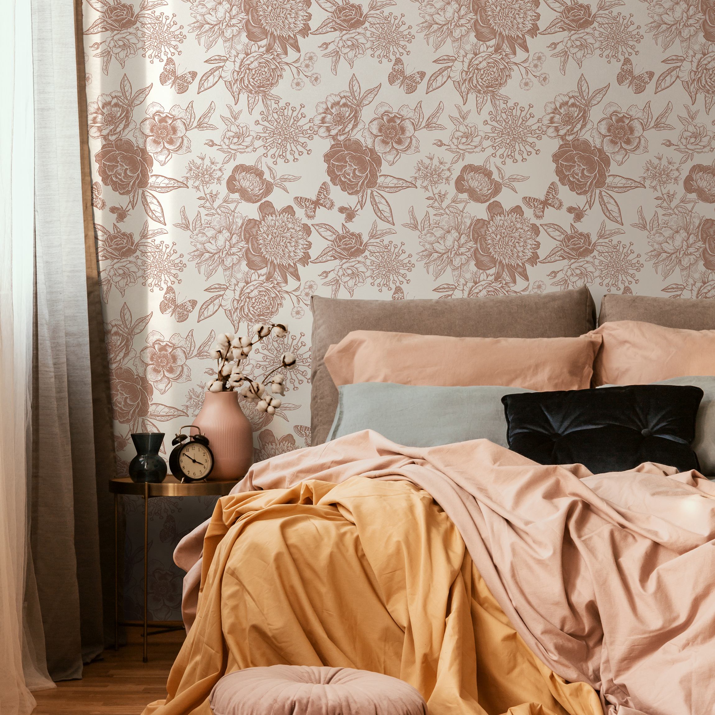Boho Wallpaper With Peony And Rose Line Art In Burnt Orange - Zacg