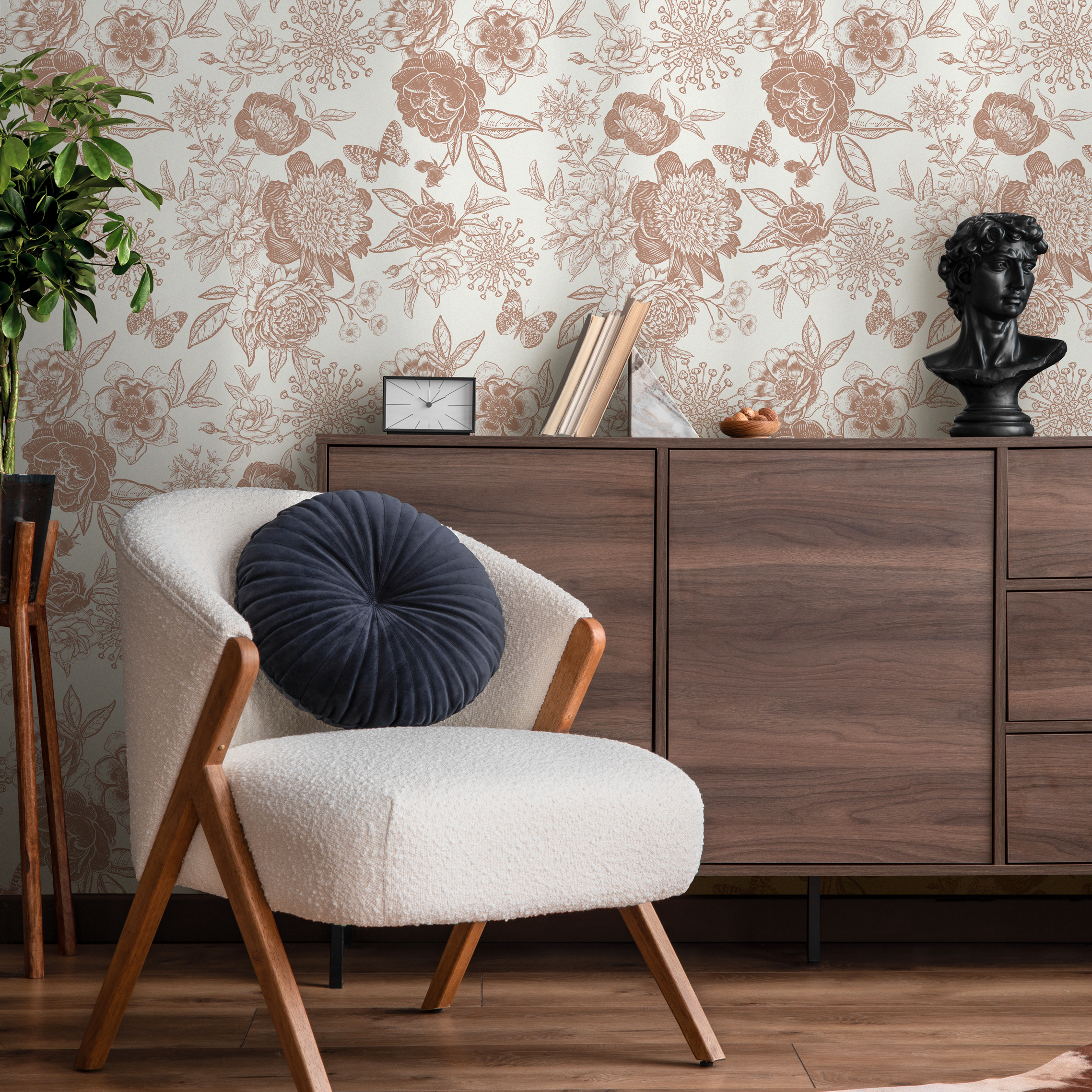 Boho Wallpaper With Peony And Rose Line Art In Burnt Orange - Zacg
