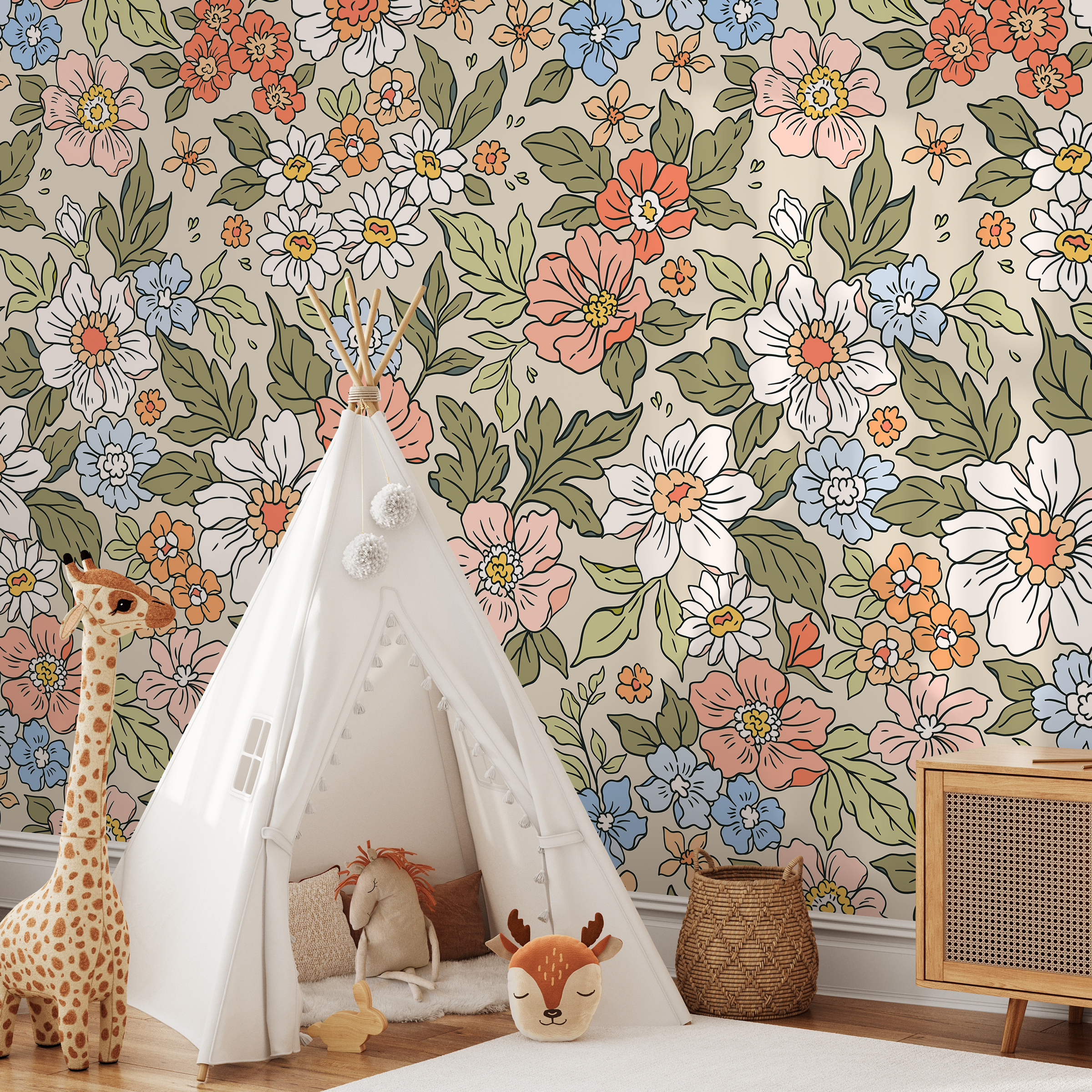 Floral Wallpaper Featuring A Retro Flower Meadow In Coral, Blue, And Green - Zach