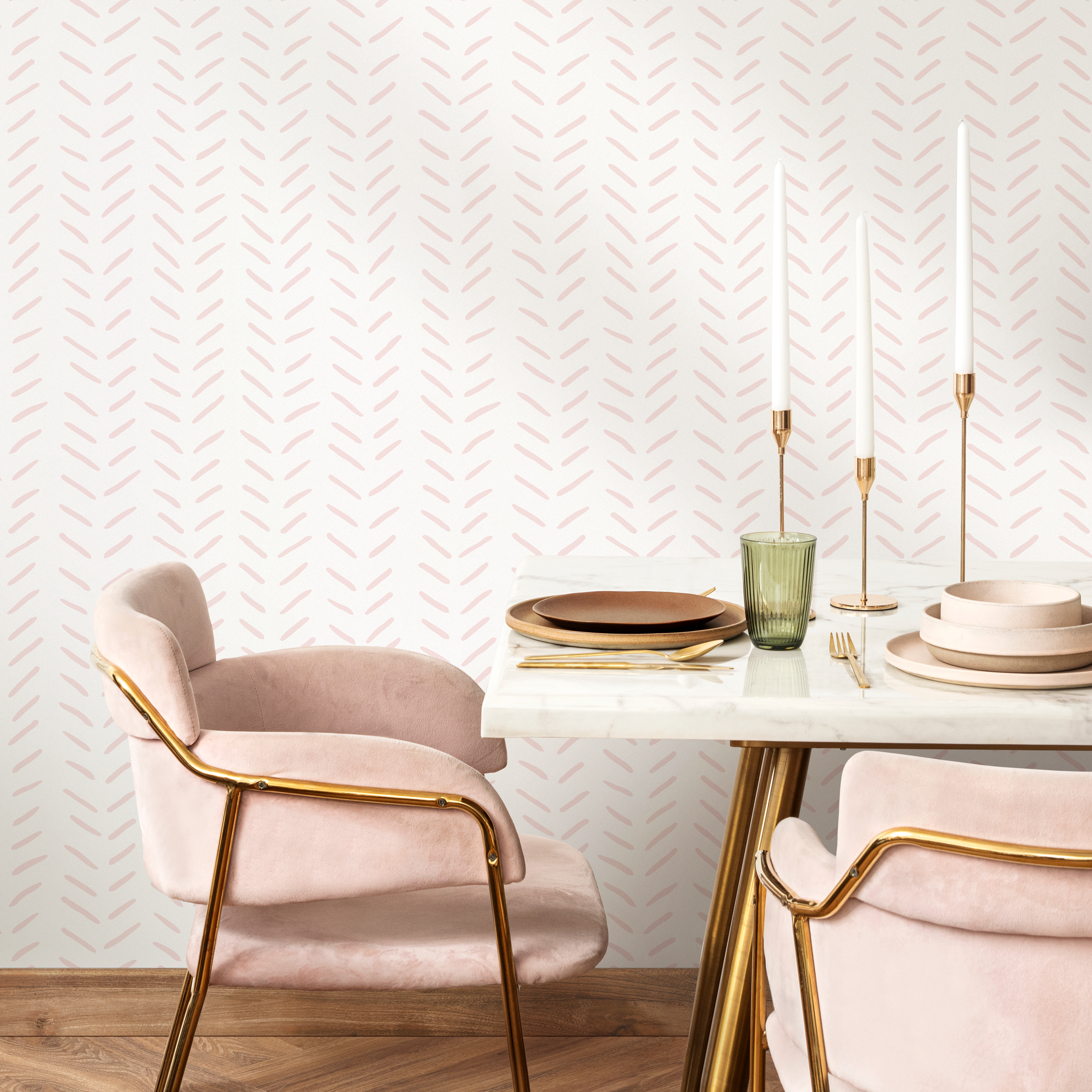 Boho Wallpaper With A Hand-drawn Herringbone In Soft Pink - Zaci