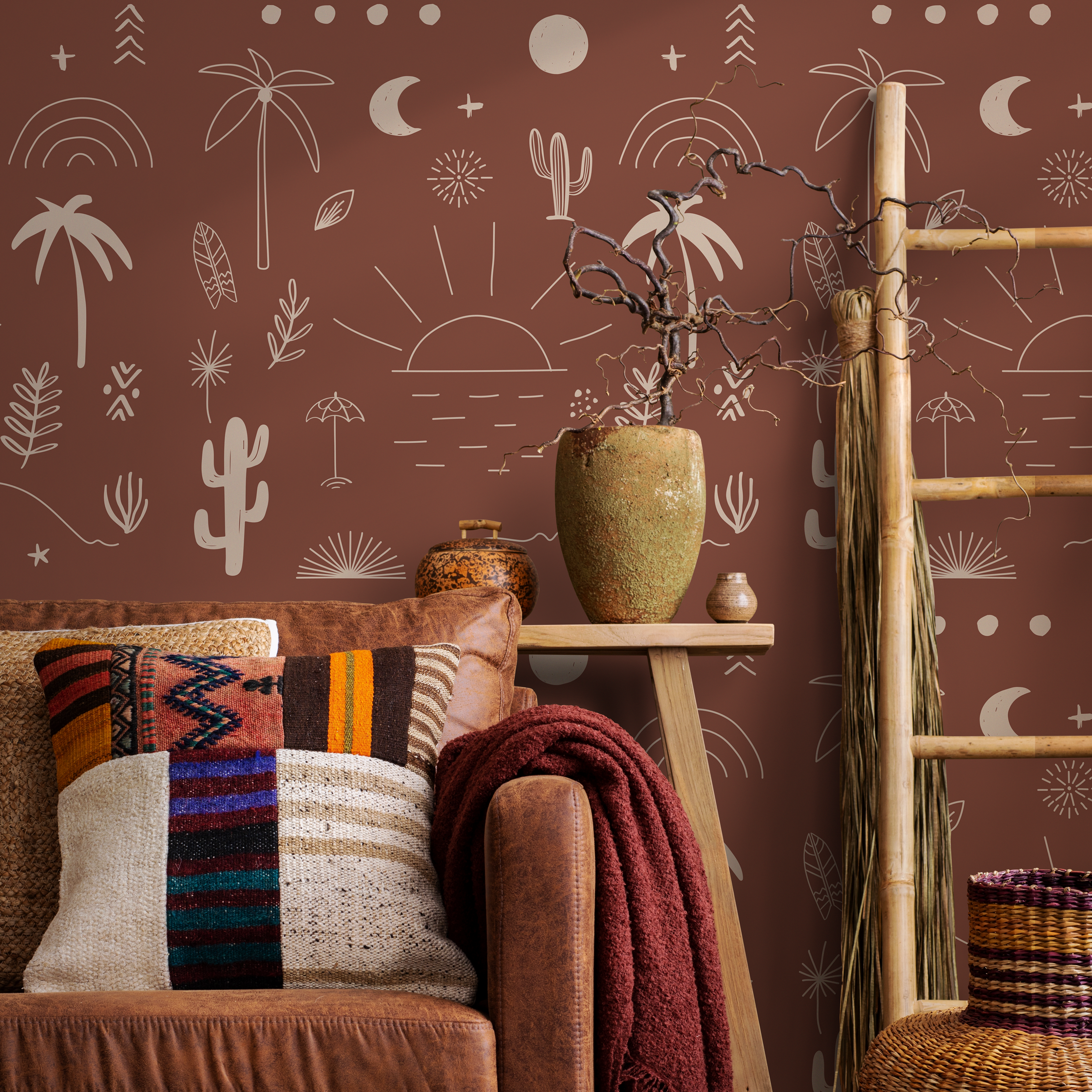 Minimalist Wallpaper With Hand-drawn Beach Motifs In Terracotta And Off-white - Zacn