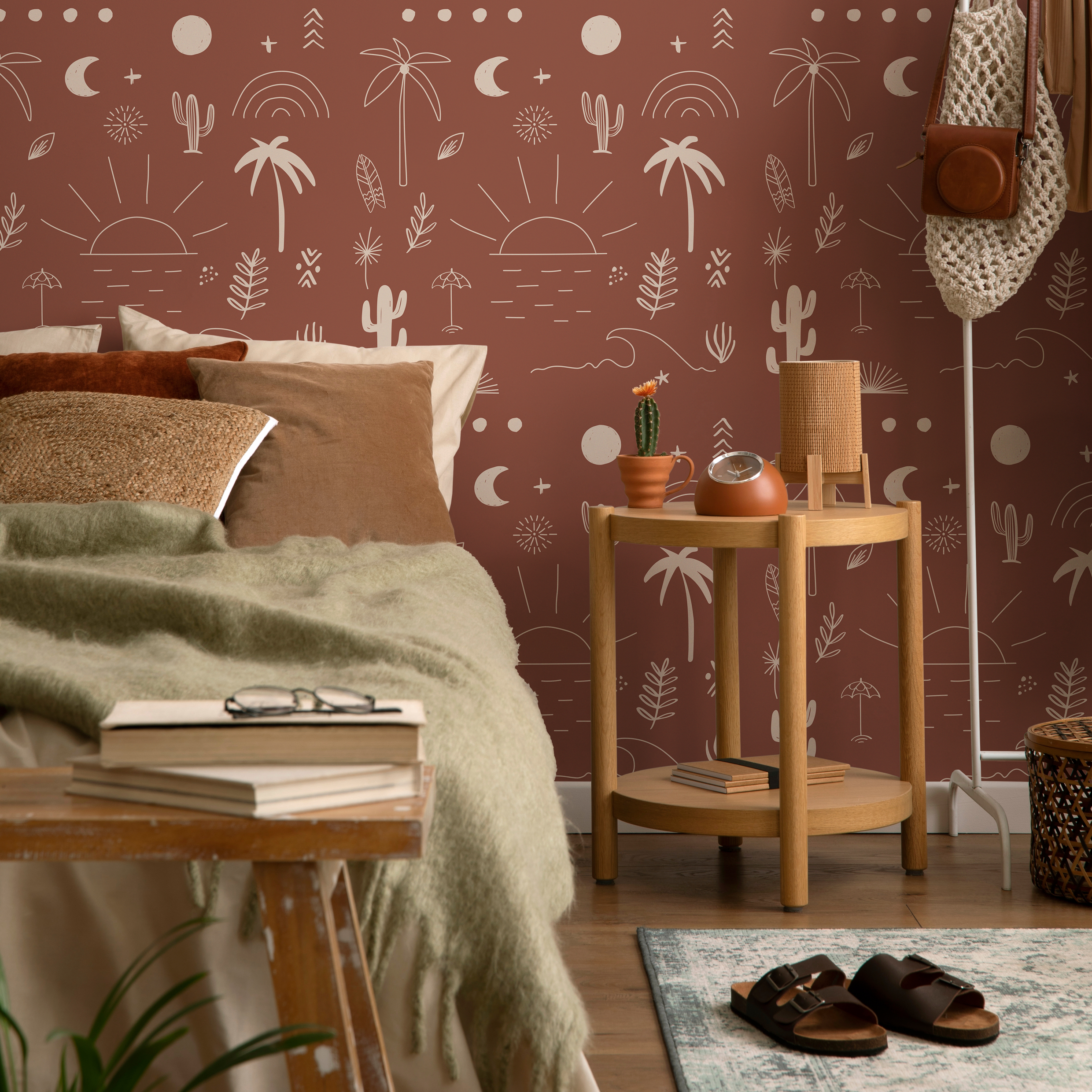 Minimalist Wallpaper With Hand-drawn Beach Motifs In Terracotta And Off-white - Zacn