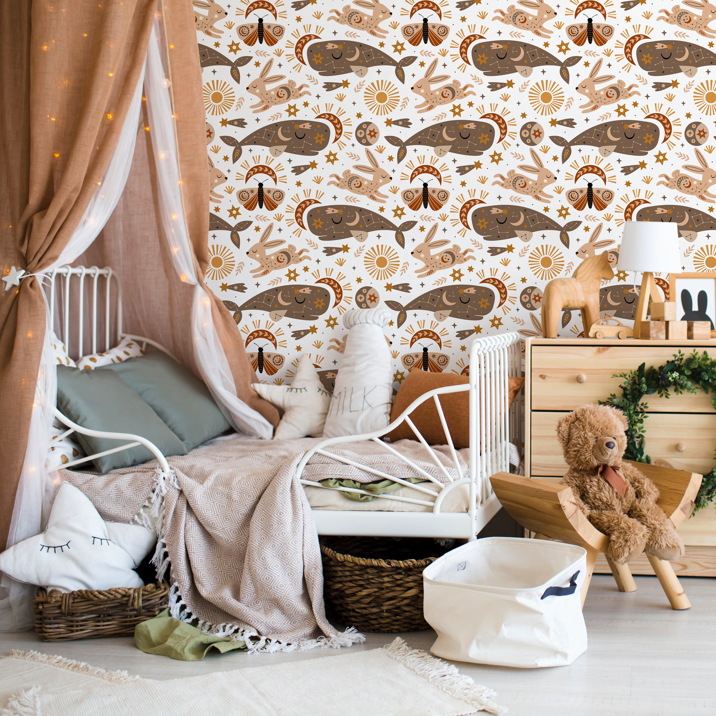 Celestial Wallpaper With Whales And Rabbits In Brown, Tan, And Orange - Zaco