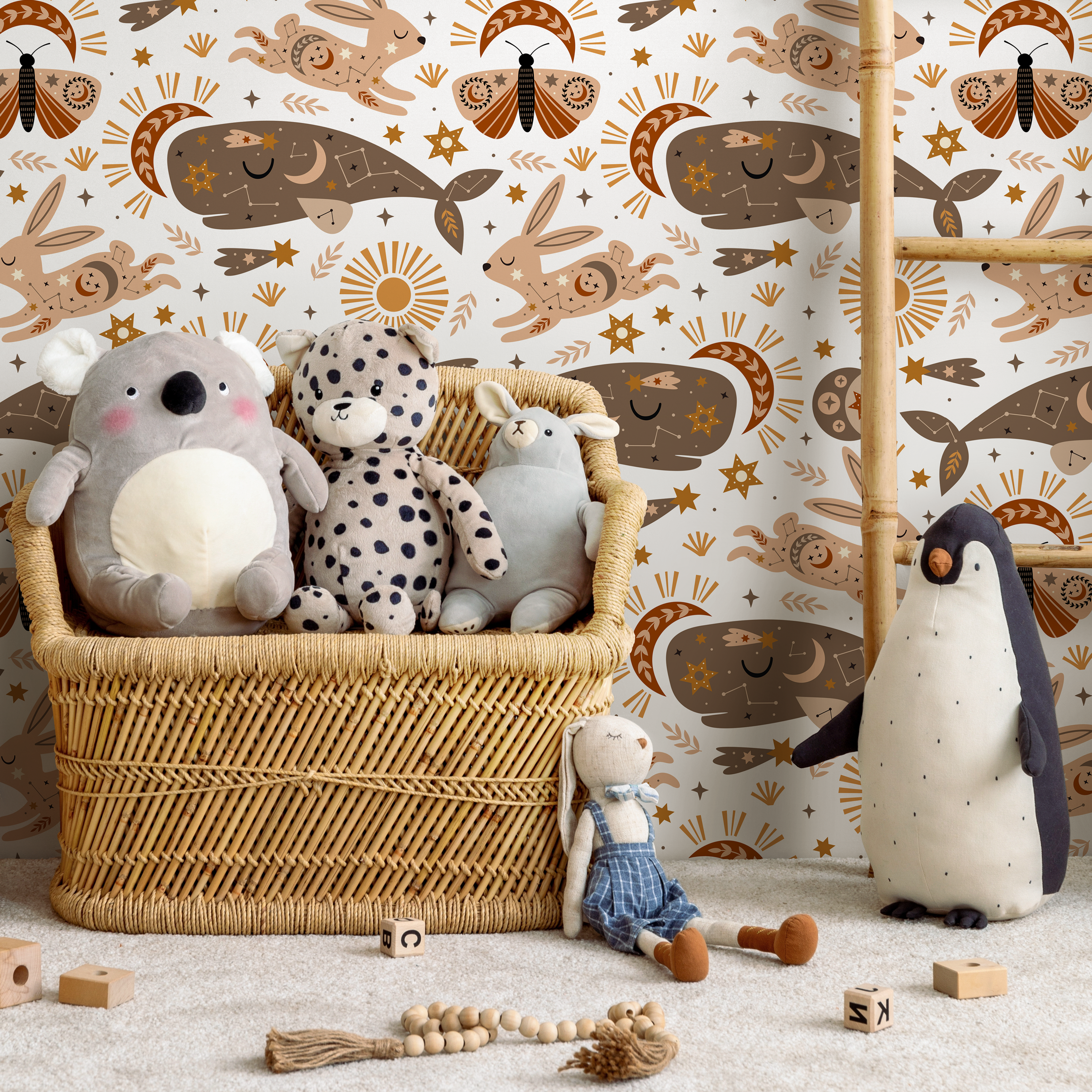 Celestial Wallpaper With Whales And Rabbits In Brown, Tan, And Orange - Zaco