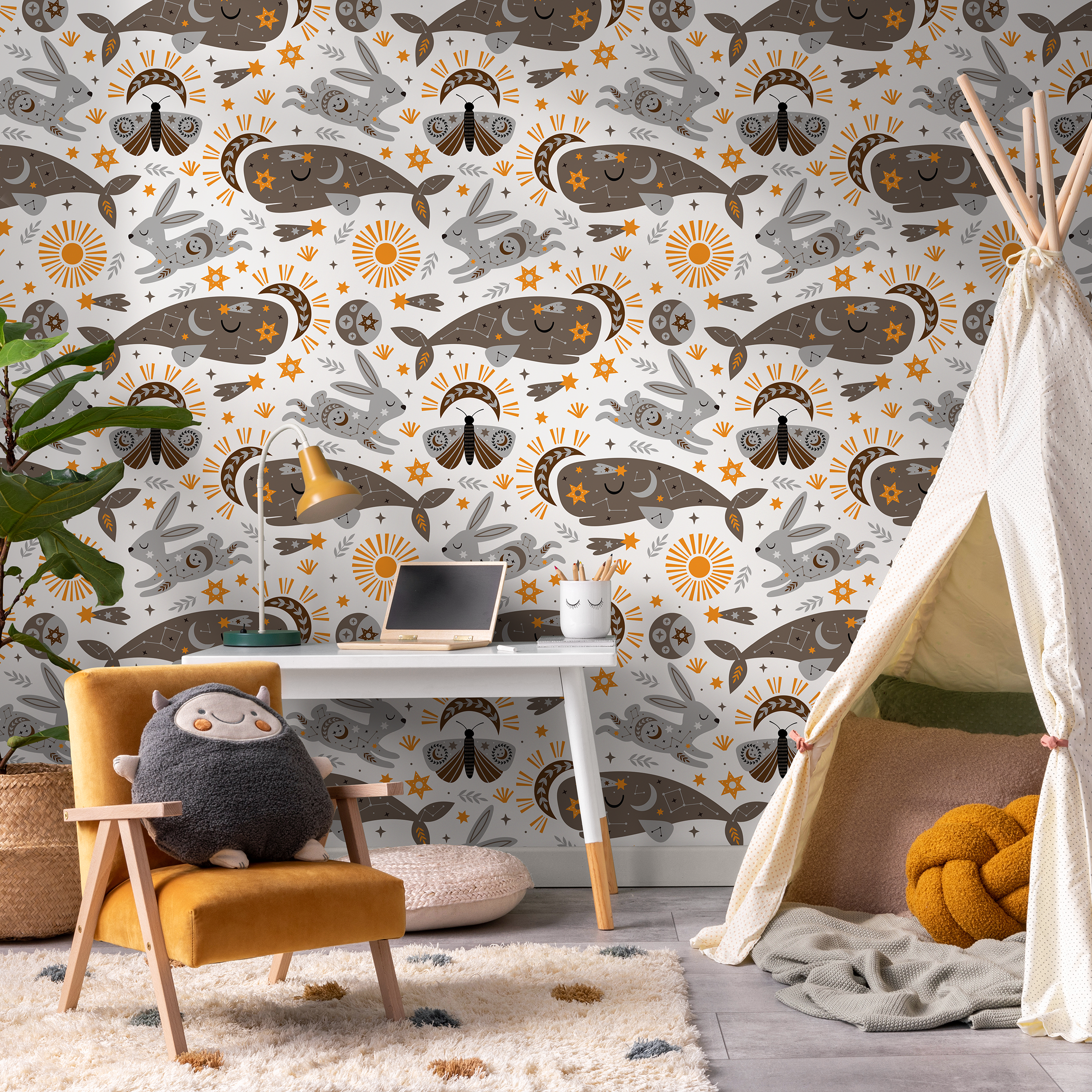 Celestial Wallpaper With Mystical Whales And Rabbits In Gray And Orange - Zacp