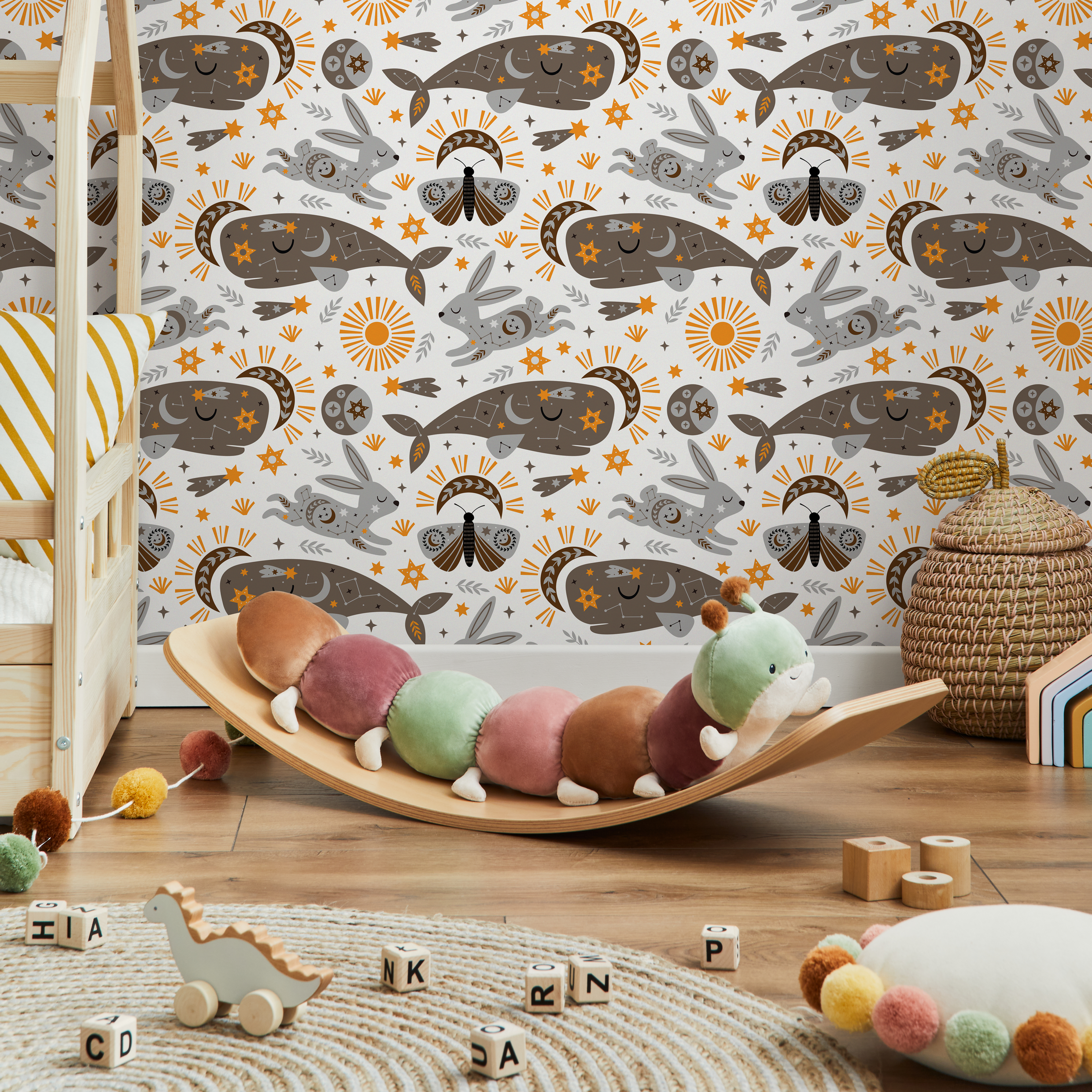 Celestial Wallpaper With Mystical Whales And Rabbits In Gray And Orange - Zacp