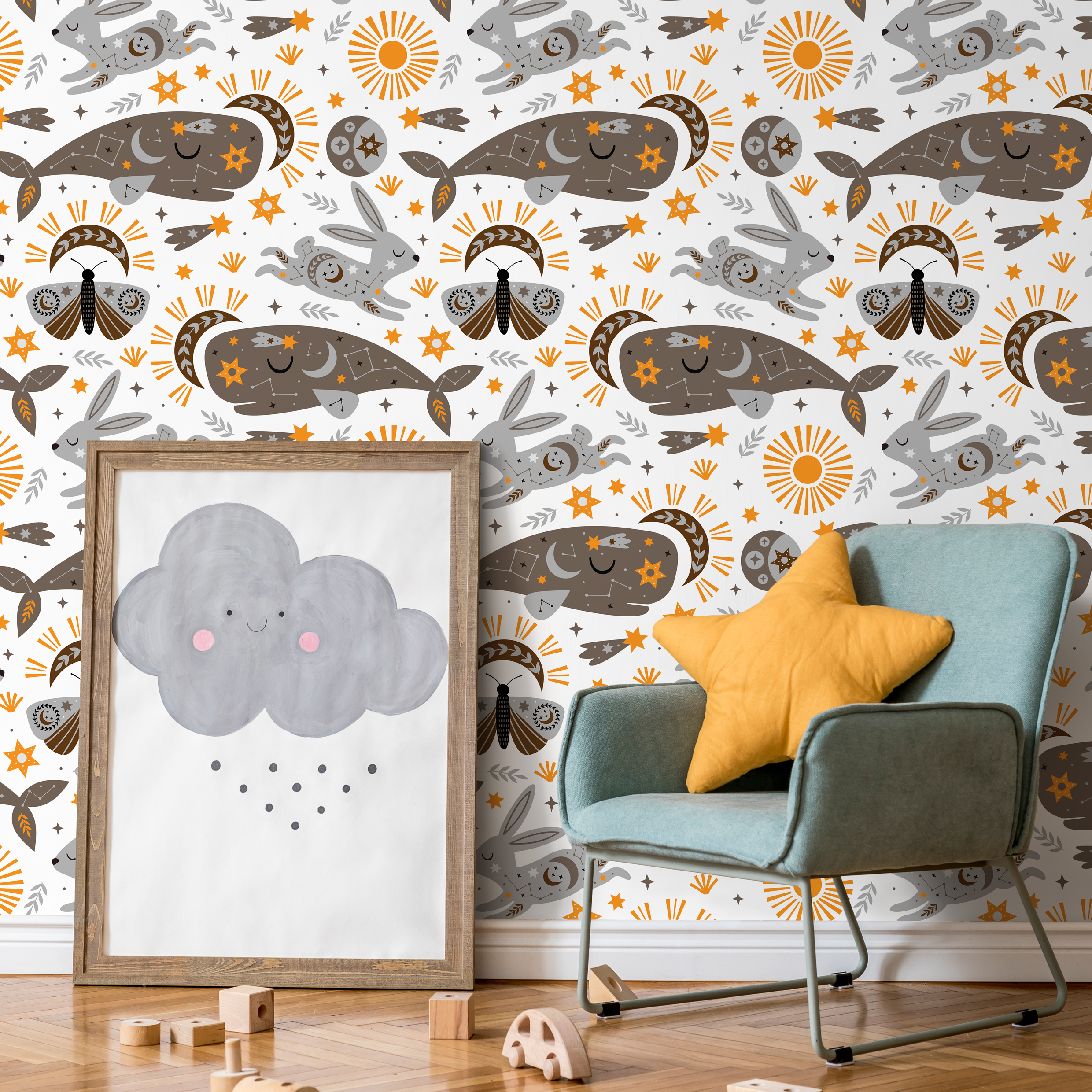 Celestial Wallpaper With Mystical Whales And Rabbits In Gray And Orange - Zacp