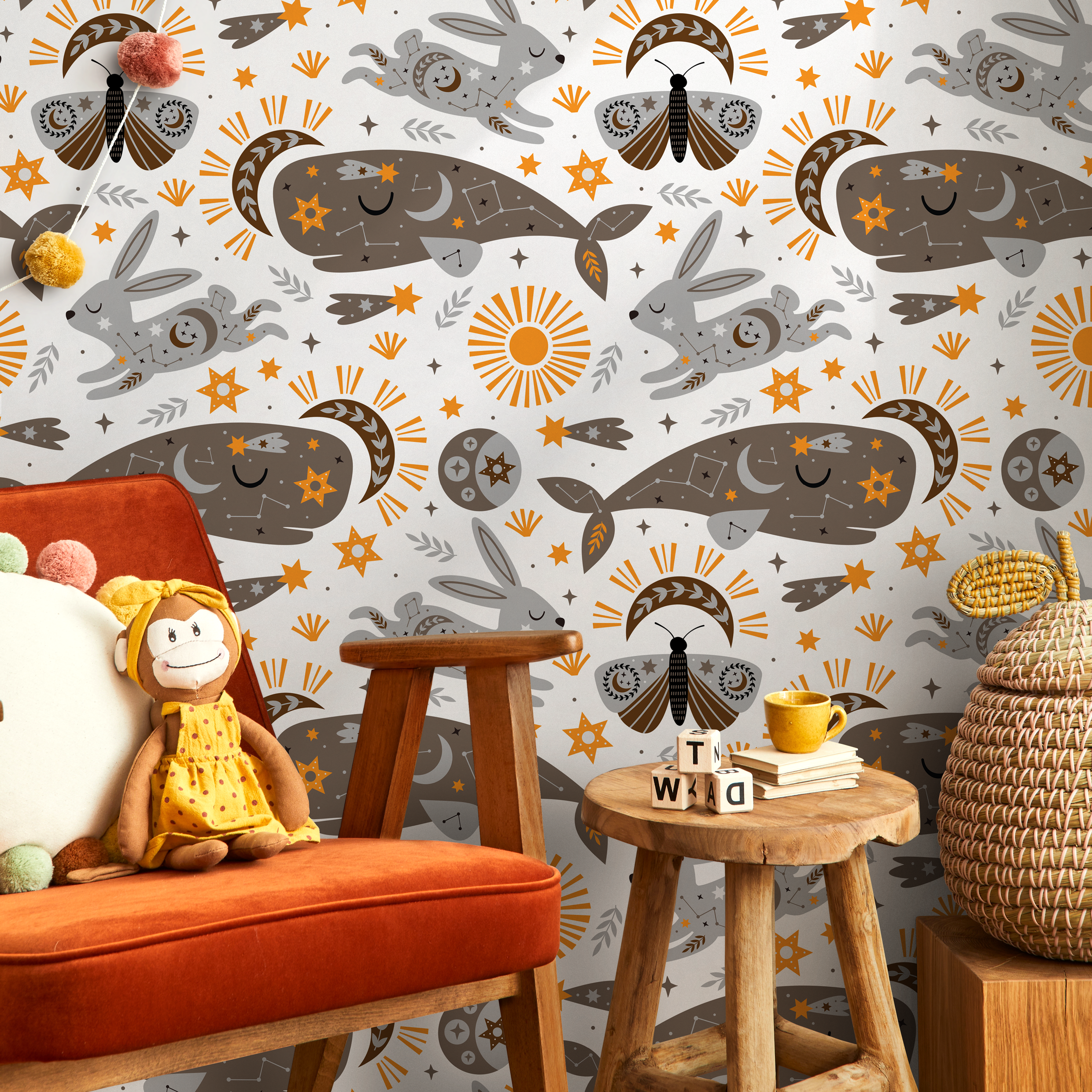Celestial Wallpaper With Mystical Whales And Rabbits In Gray And Orange - Zacp