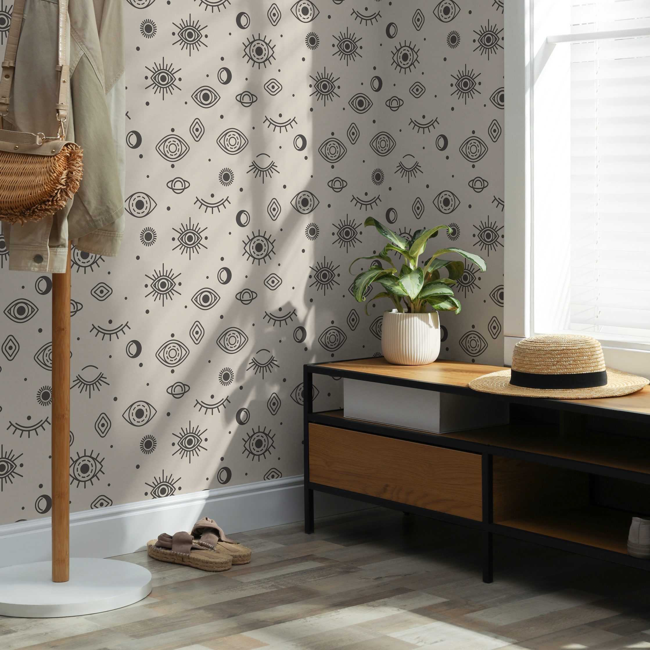 Celestial Wallpaper With Mystical Eye And Moon Motifs In Charcoal And Beige - Zacq