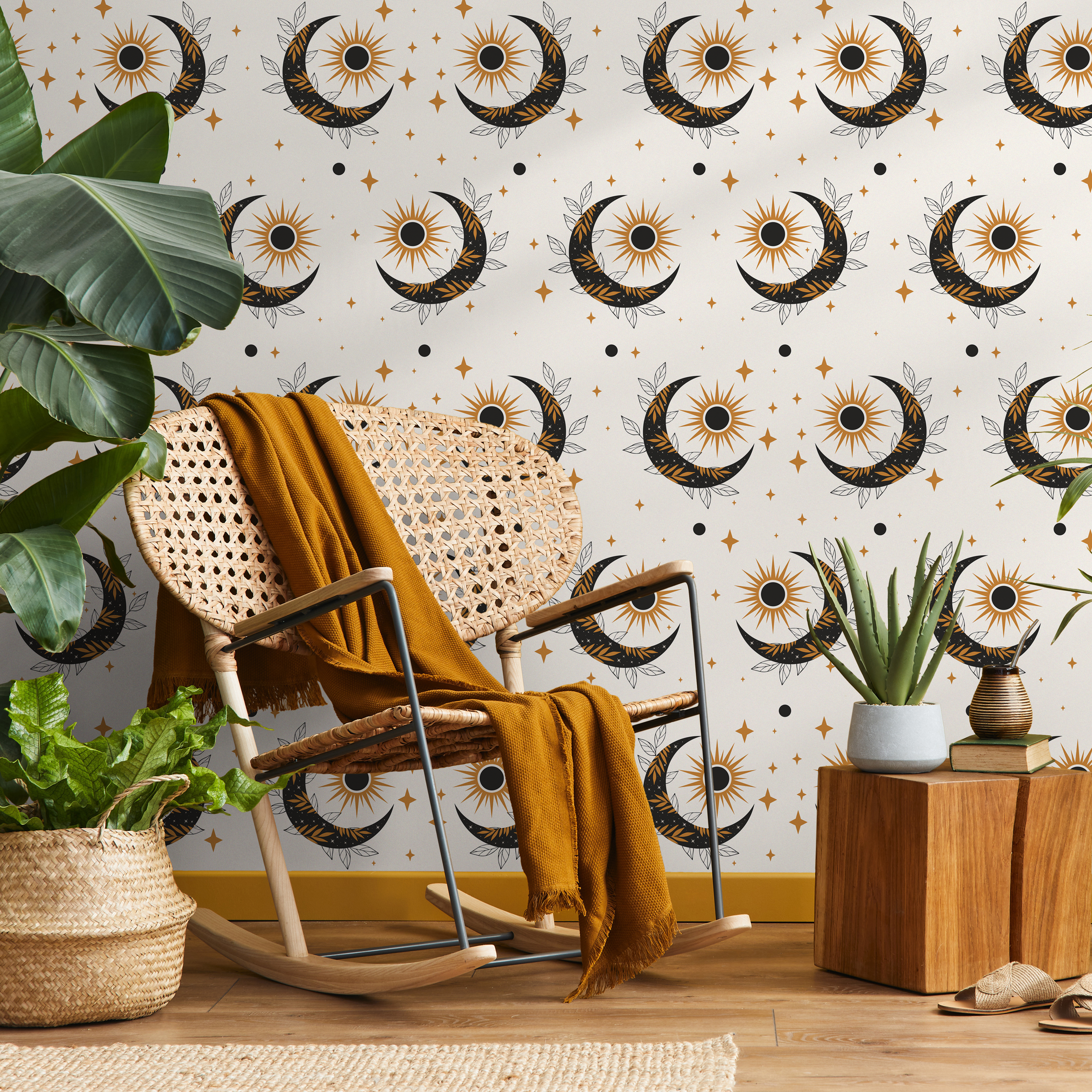 Celestial Wallpaper With Mystical Sun And Moon Motifs In Black And Gold - Zacs