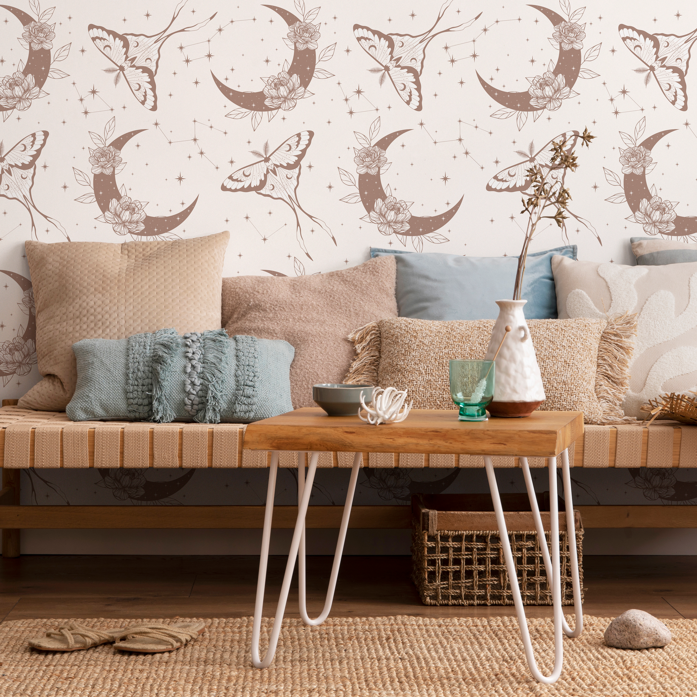 Celestial Wallpaper With Moths And Floral Moons In Taupe - Zact