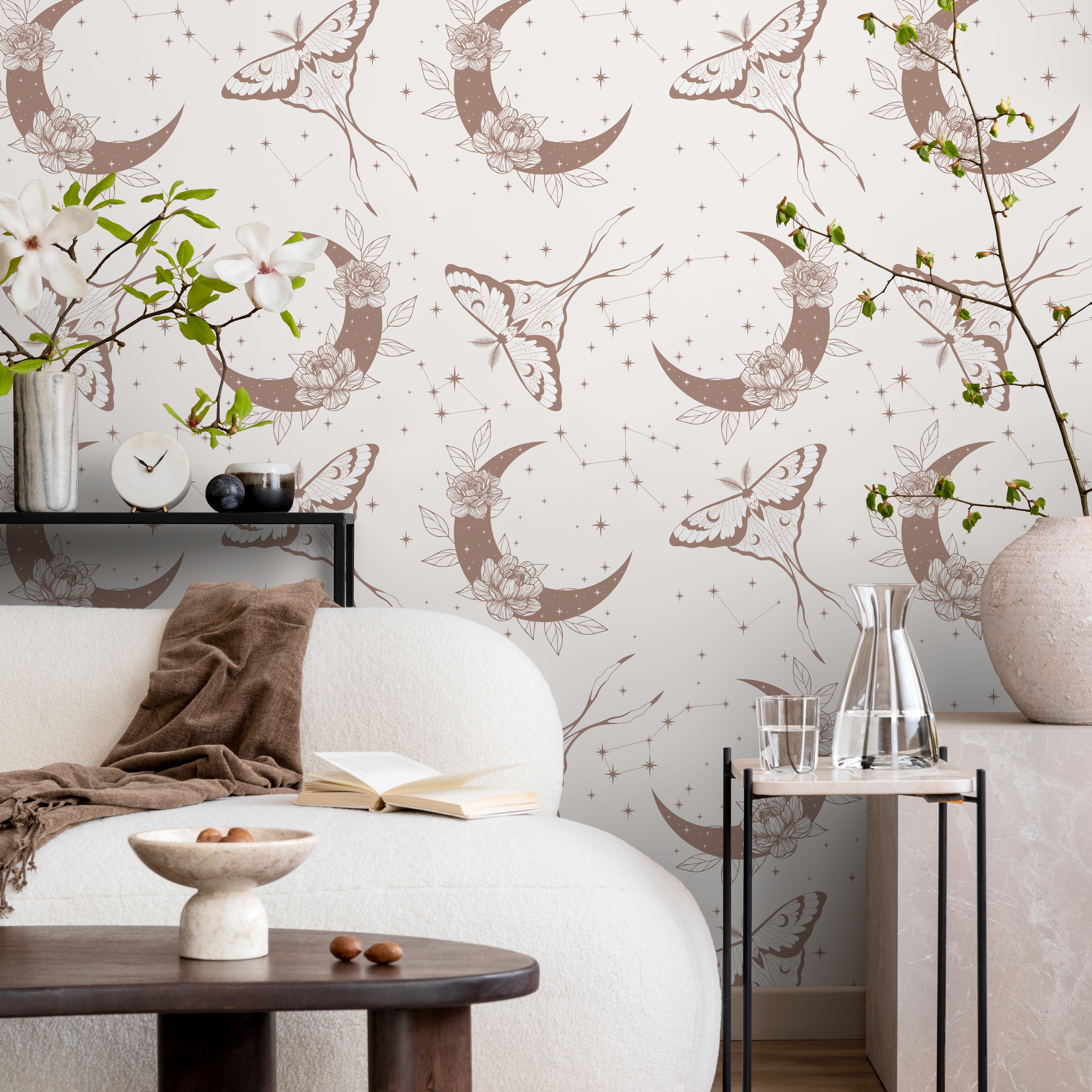 Celestial Wallpaper With Moths And Floral Moons In Taupe - Zact