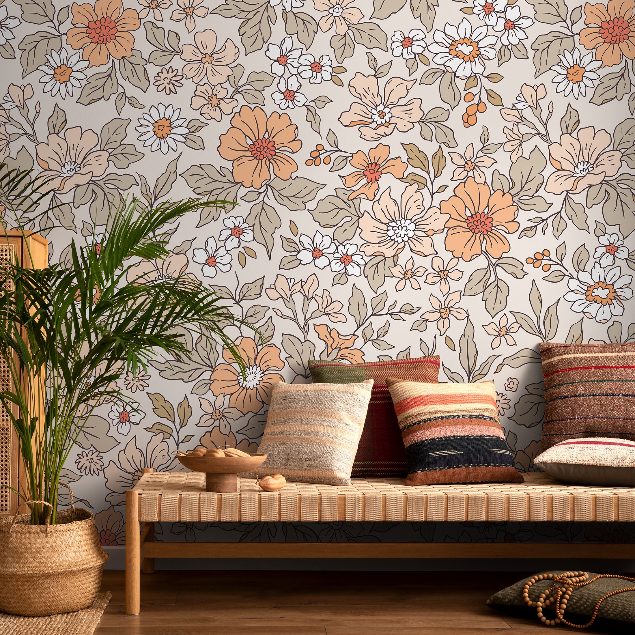 Vintage Wallpaper With A Retro Floral Motif In Peach, Orange, And Green - Zacv