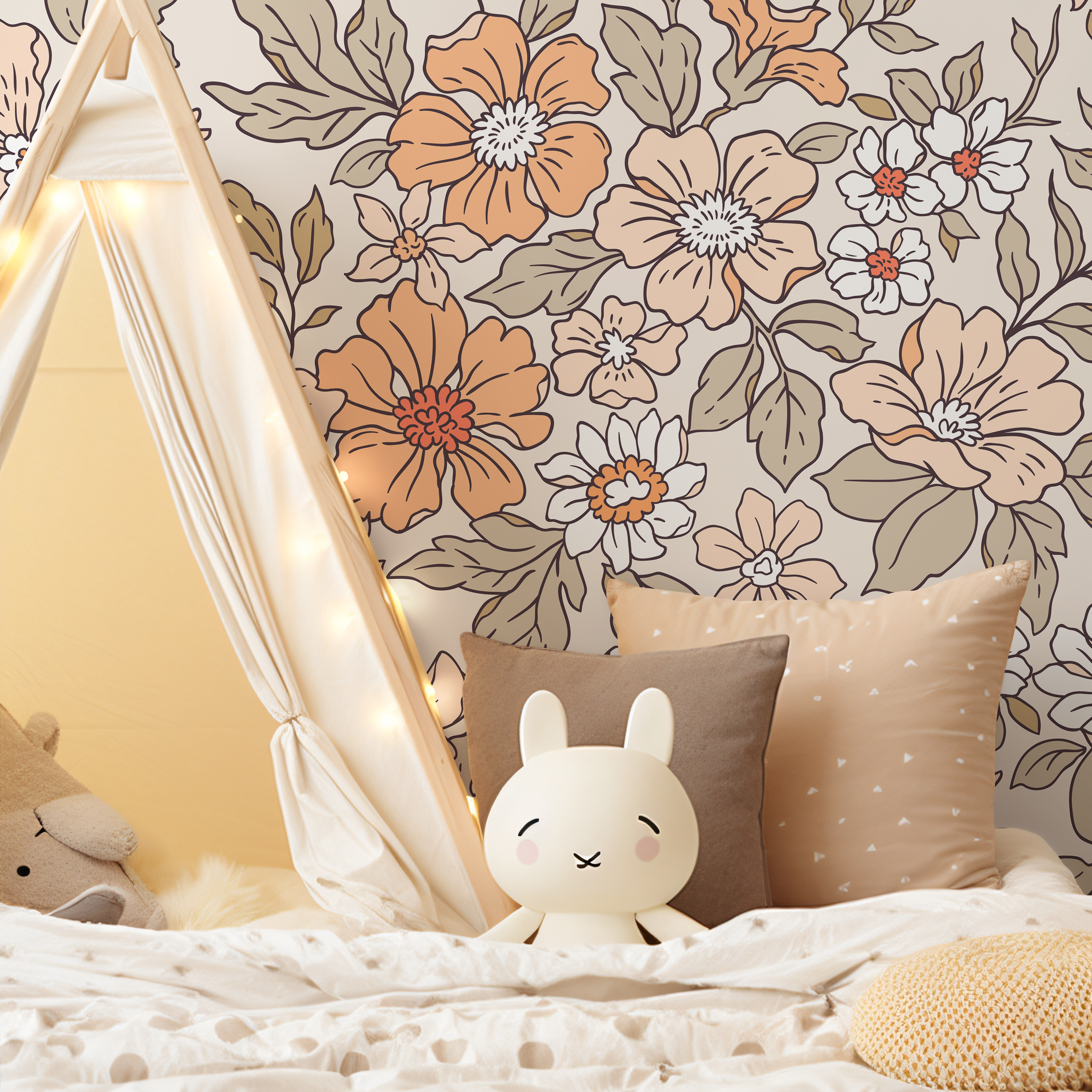 Vintage Wallpaper With A Retro Floral Motif In Peach, Orange, And Green - Zacv