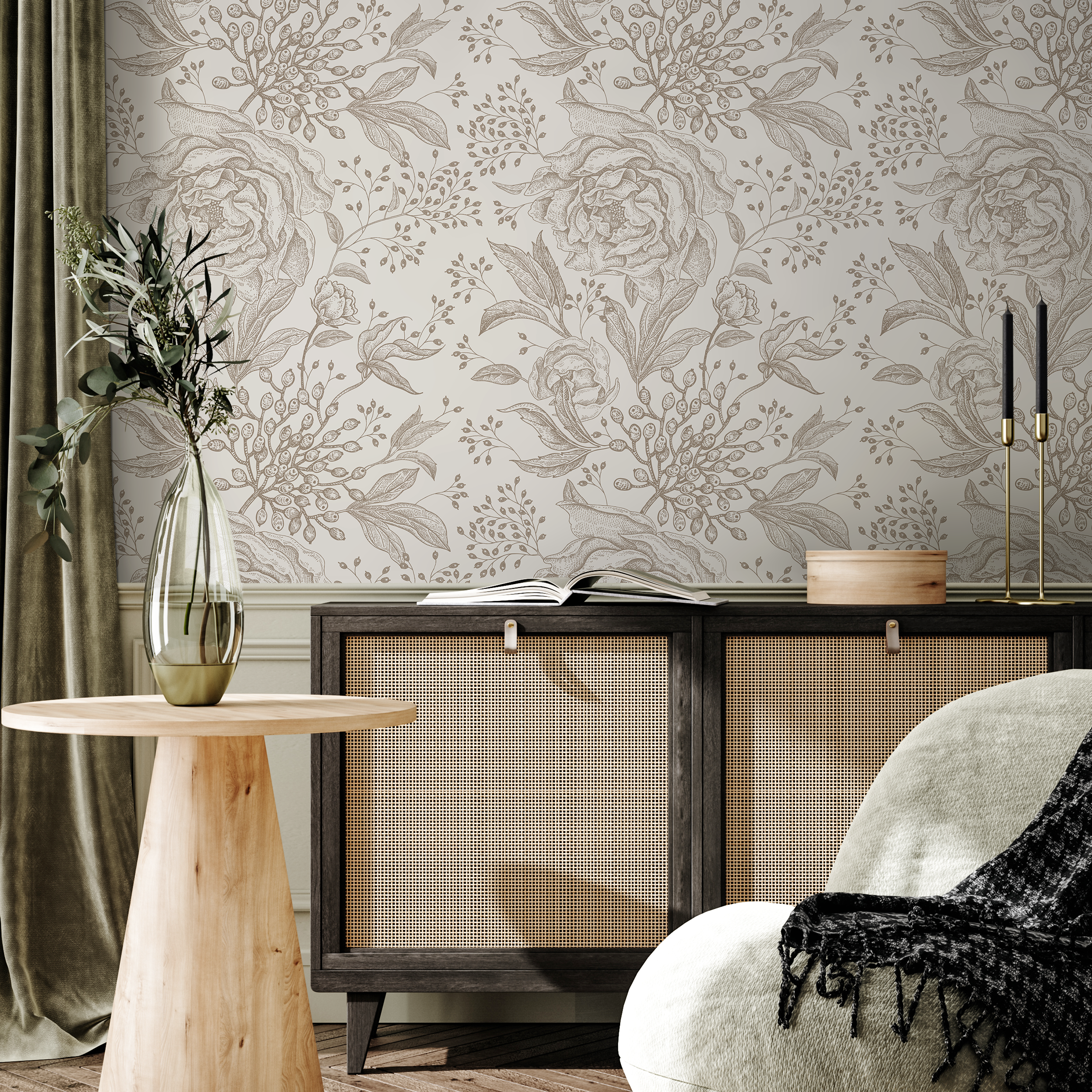 Floral Wallpaper Featuring Vintage Peonies In Taupe And Beige - Zacx