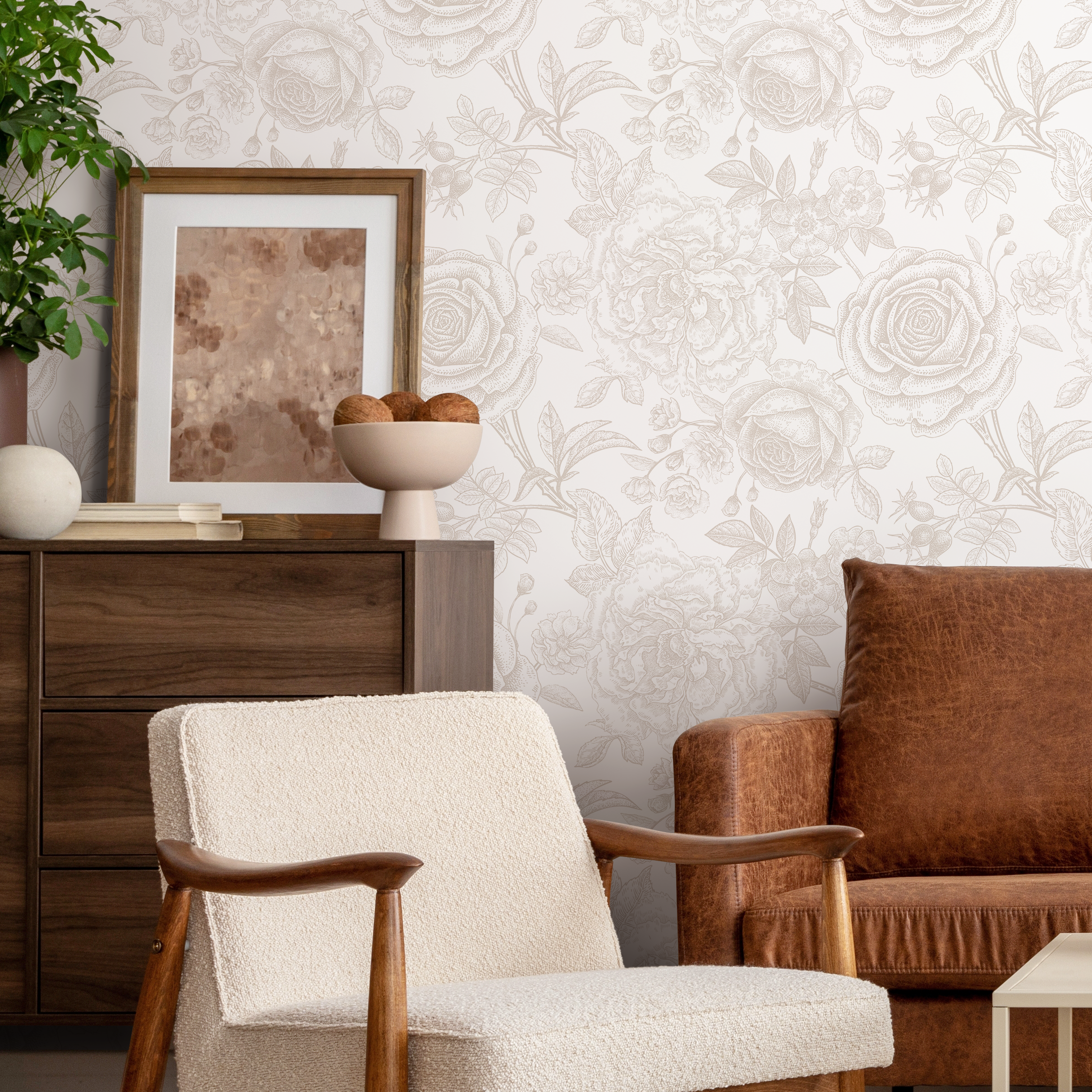 Floral Wallpaper With Detailed Roses And Peonies In Neutral Beige - Zacy
