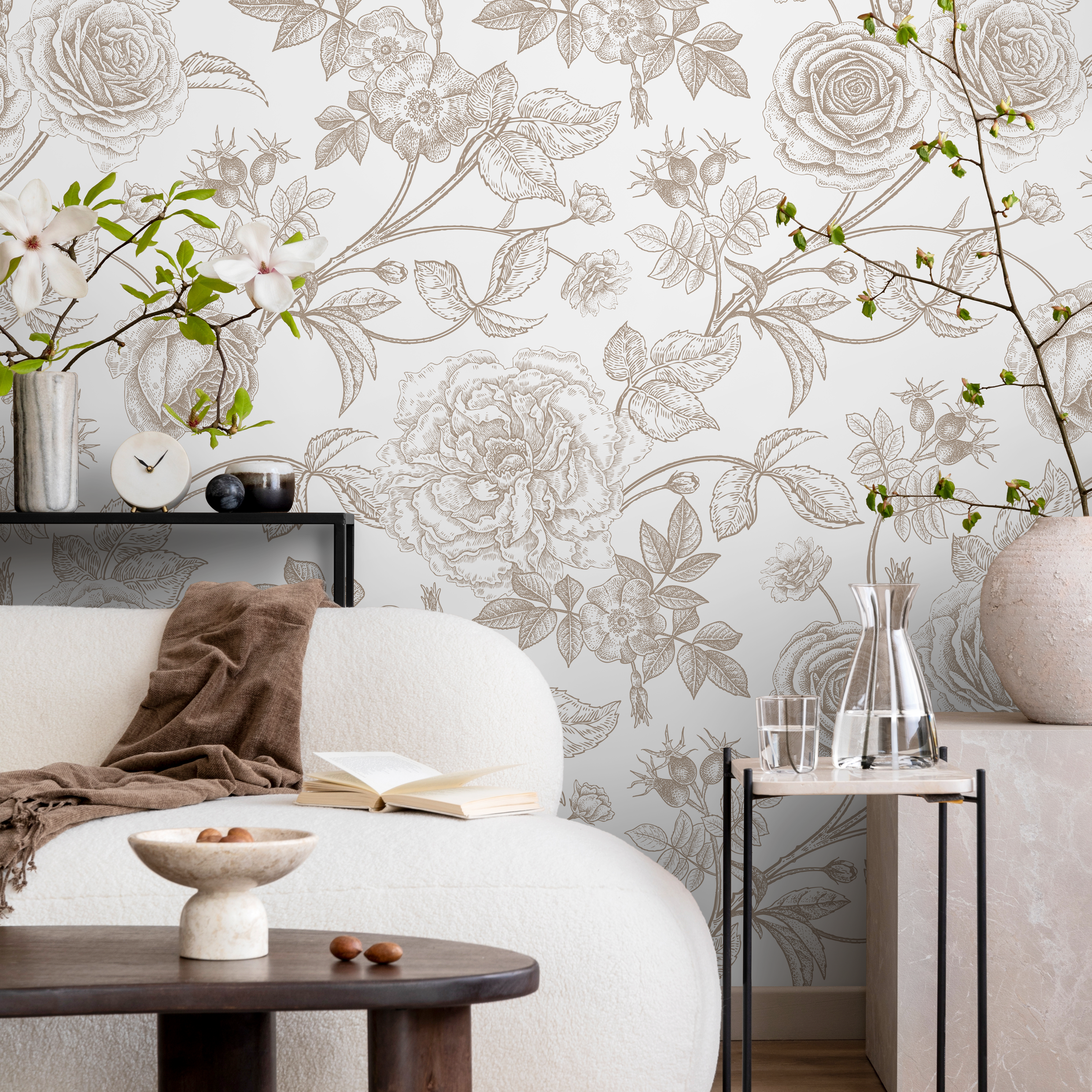 Floral Wallpaper With Vintage Roses And Peonies In Taupe Brown - Zacz