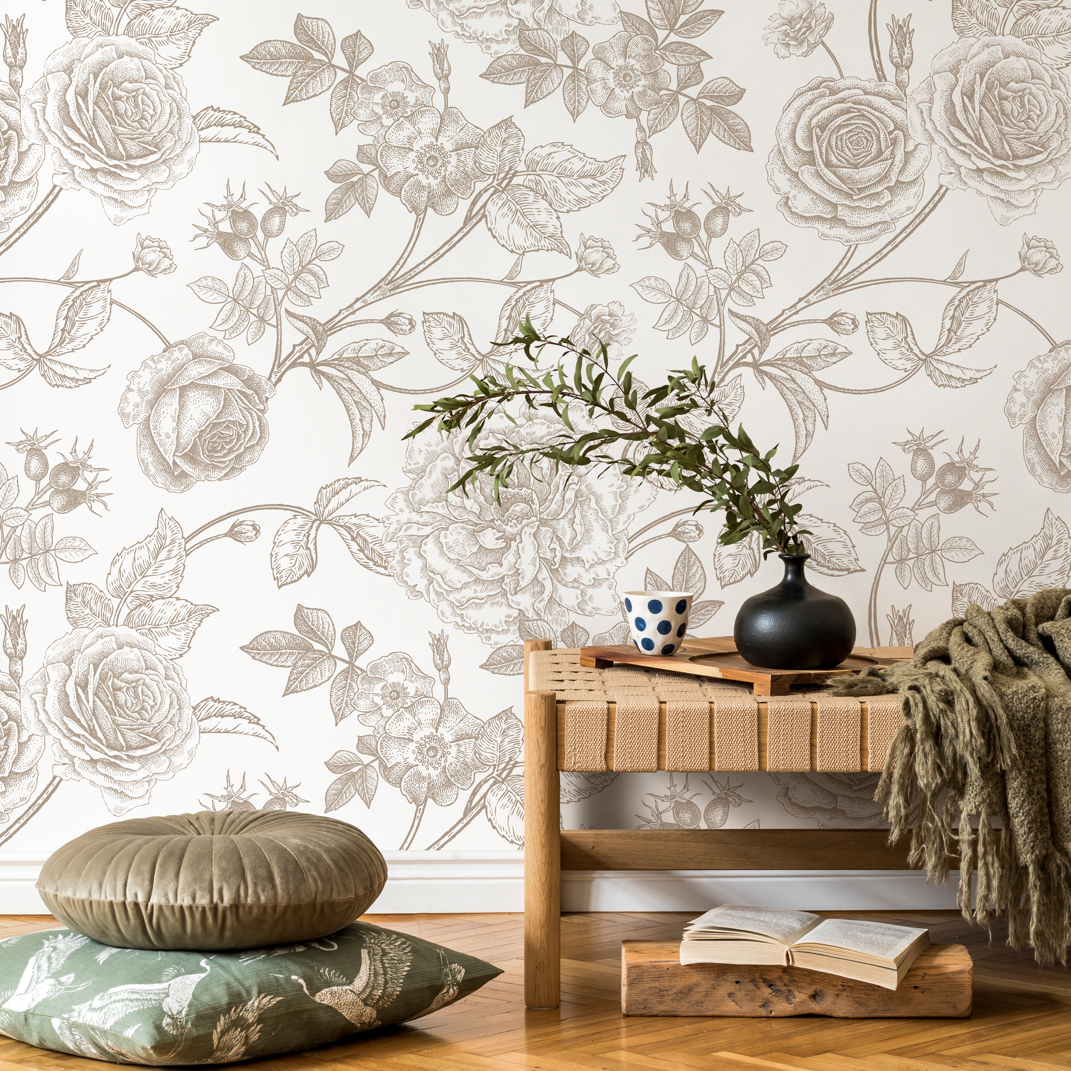 Floral Wallpaper With Vintage Roses And Peonies In Taupe Brown - Zacz