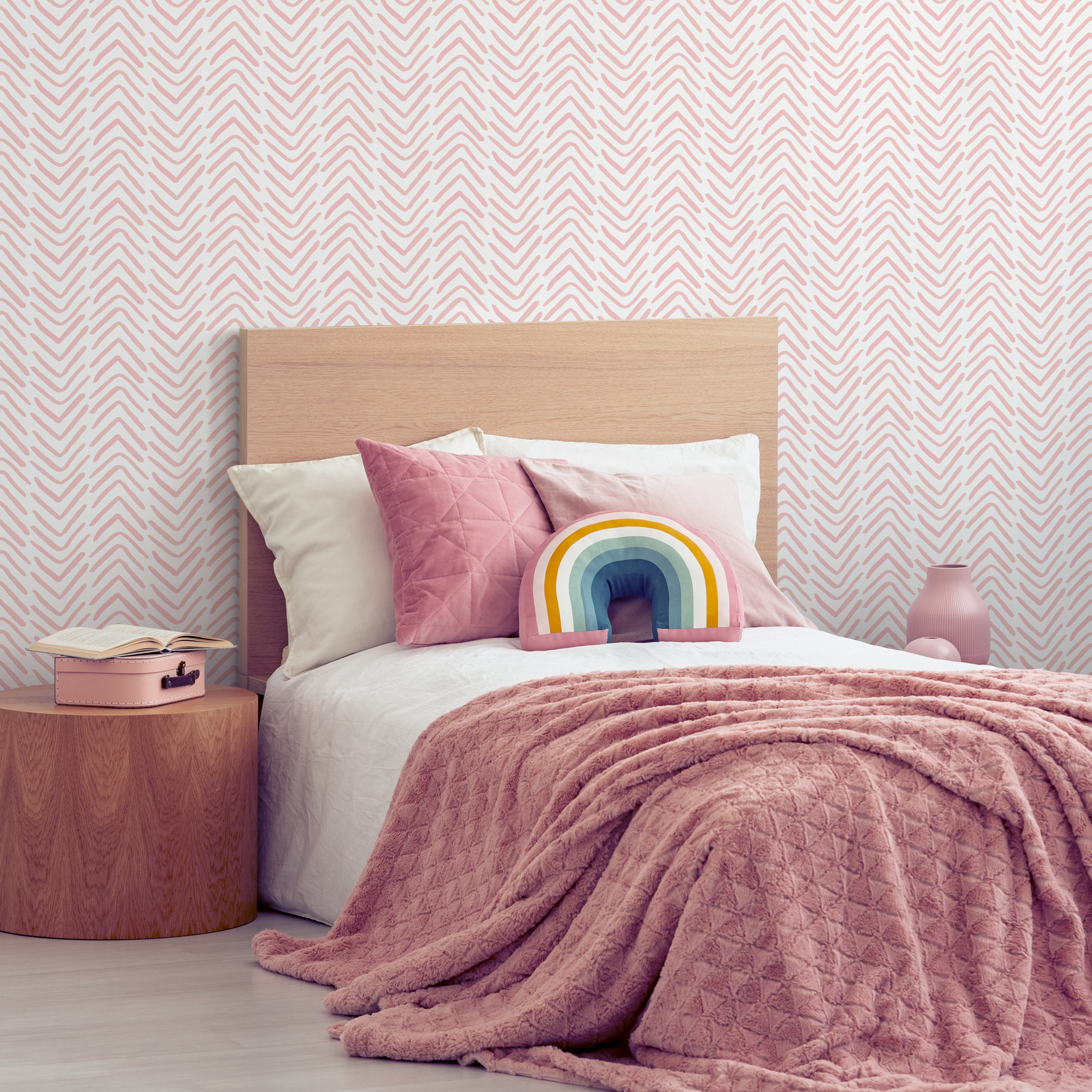 Herringbone Wallpaper With A Hand-drawn Motif In Soft Pink - Zada