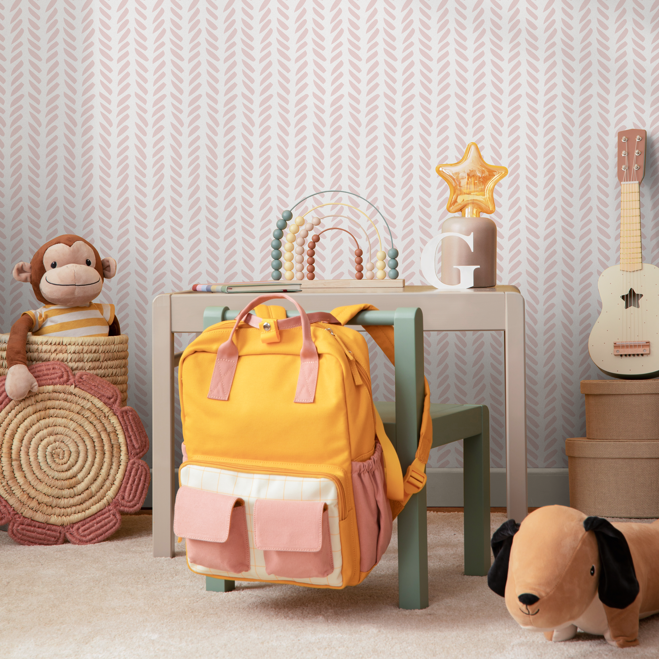 Herringbone Wallpaper With A Hand-drawn Motif In Soft Pink - Zadb