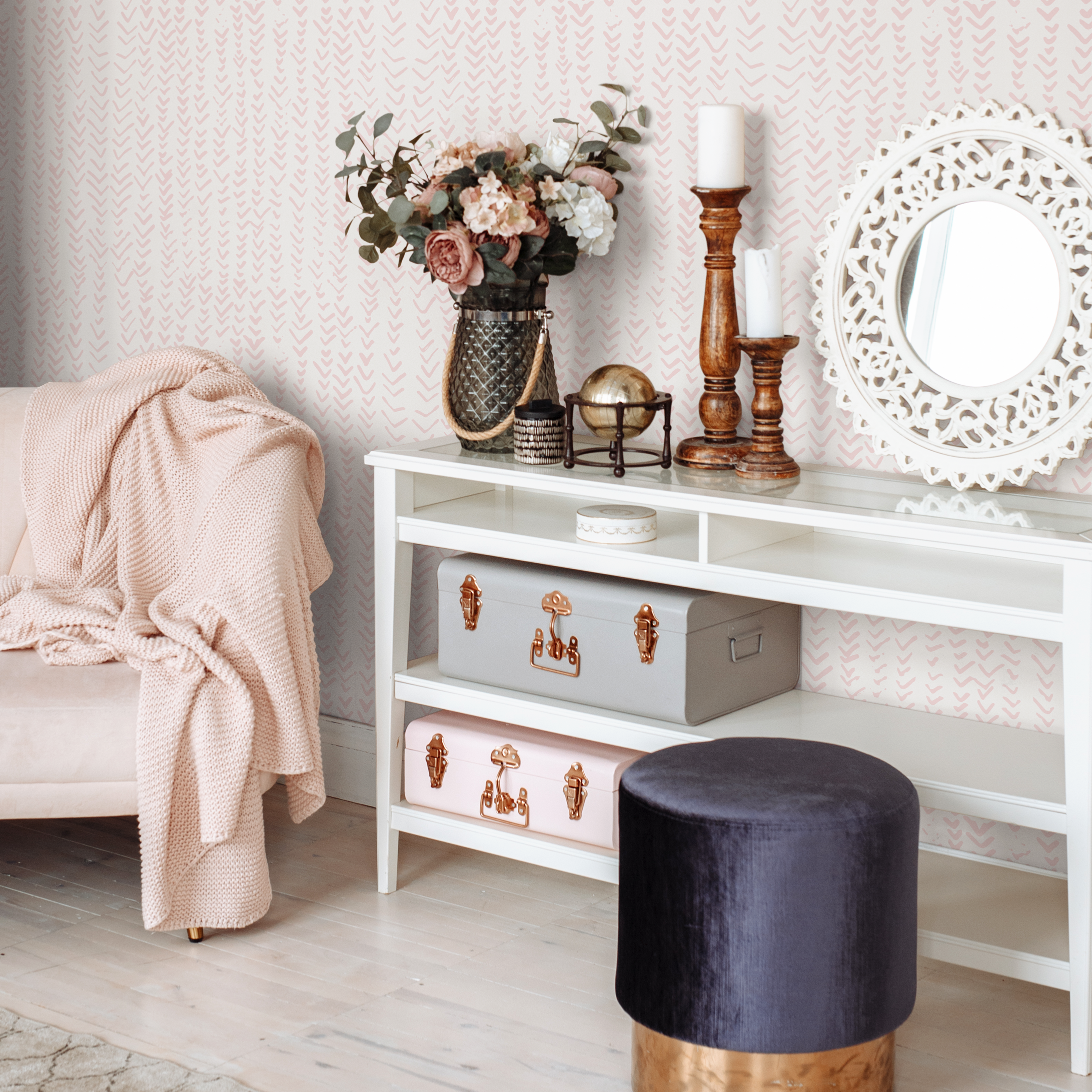 Boho Wallpaper With A Hand-drawn Herringbone Motif In Soft Pink - Zadc