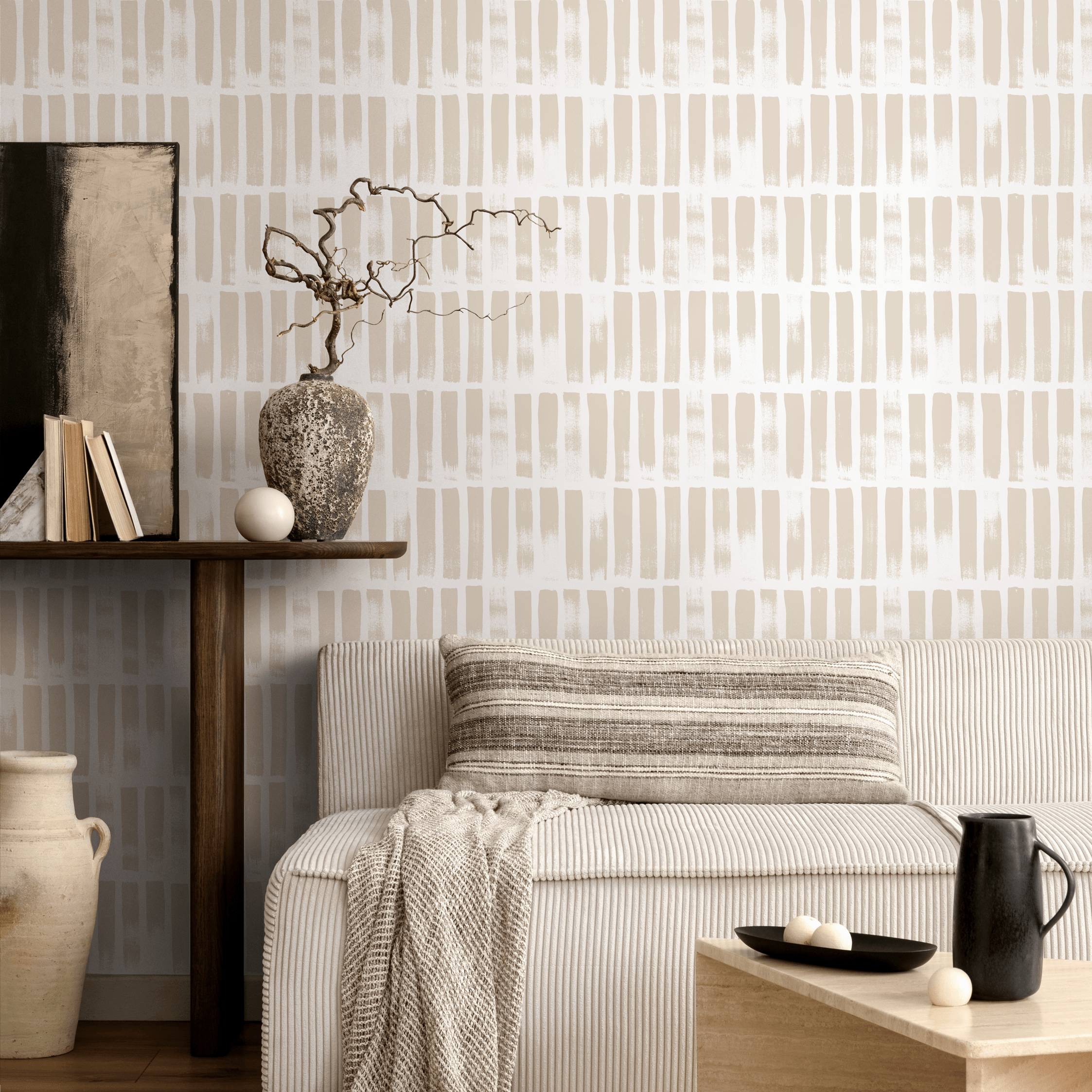Abstract Wallpaper With Vertical Brush Strokes In Beige - Zadf