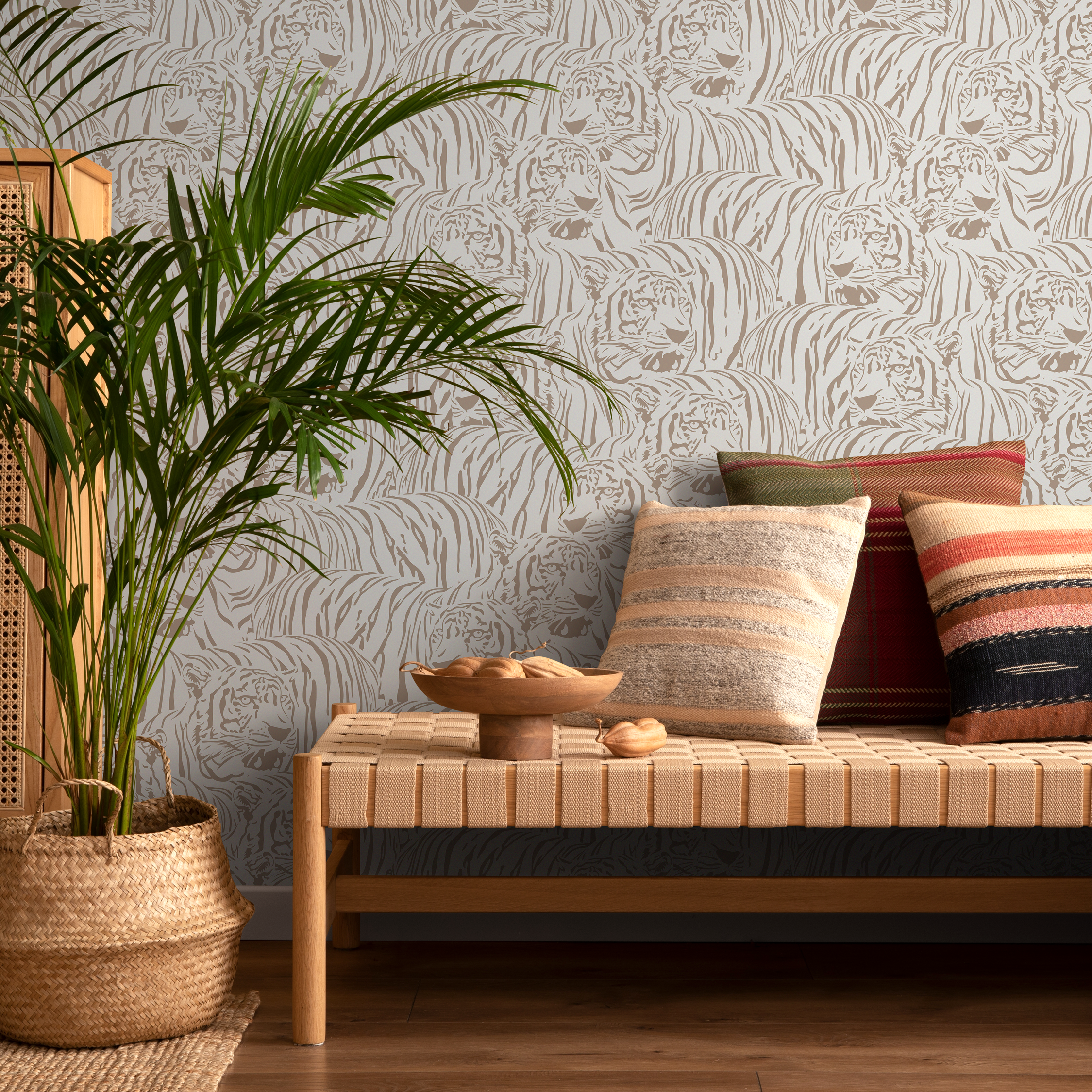 Animal Print Wallpaper With A Repeating Tiger Motif In Taupe And Beige - Zadg