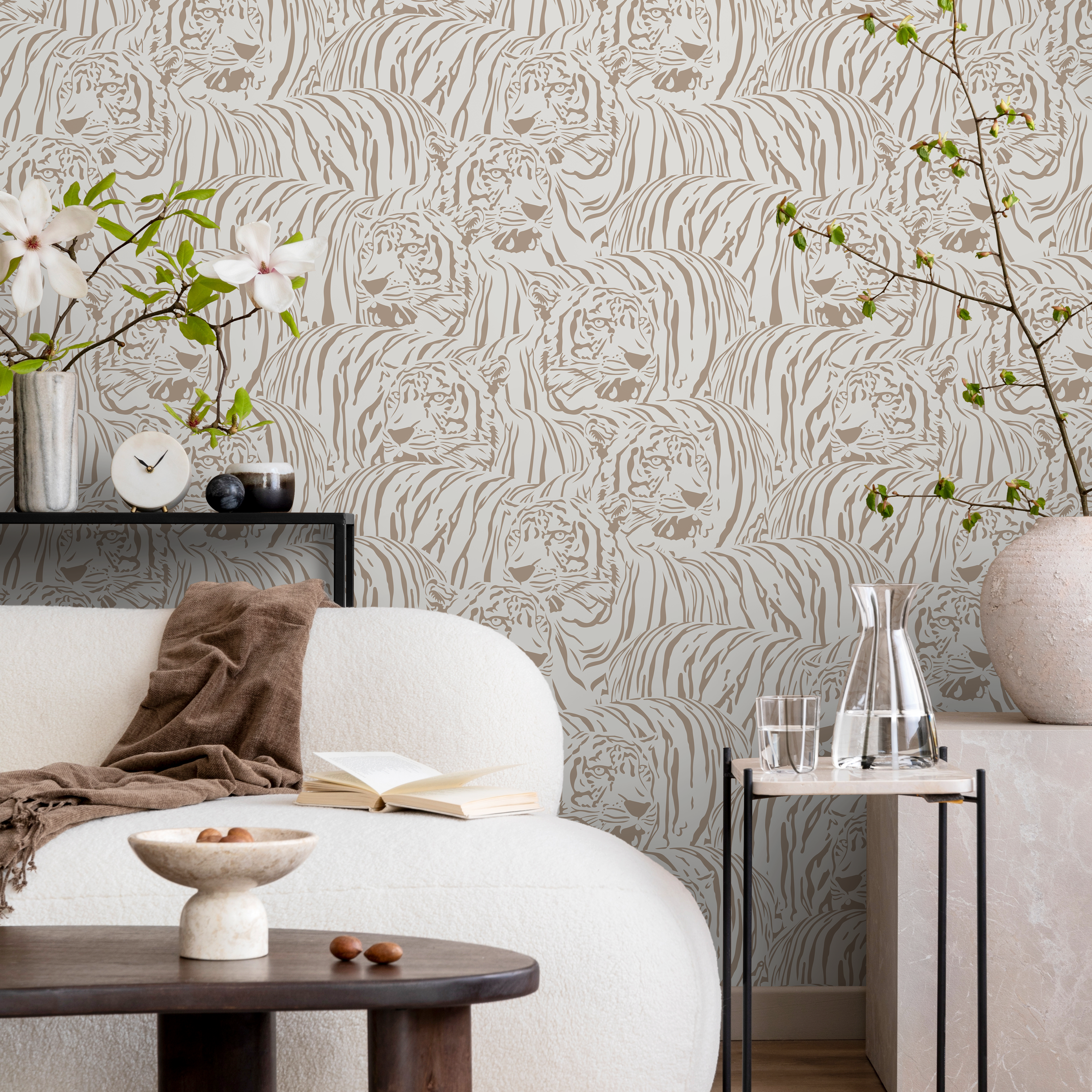 Animal Print Wallpaper With A Repeating Tiger Motif In Taupe And Beige - Zadg
