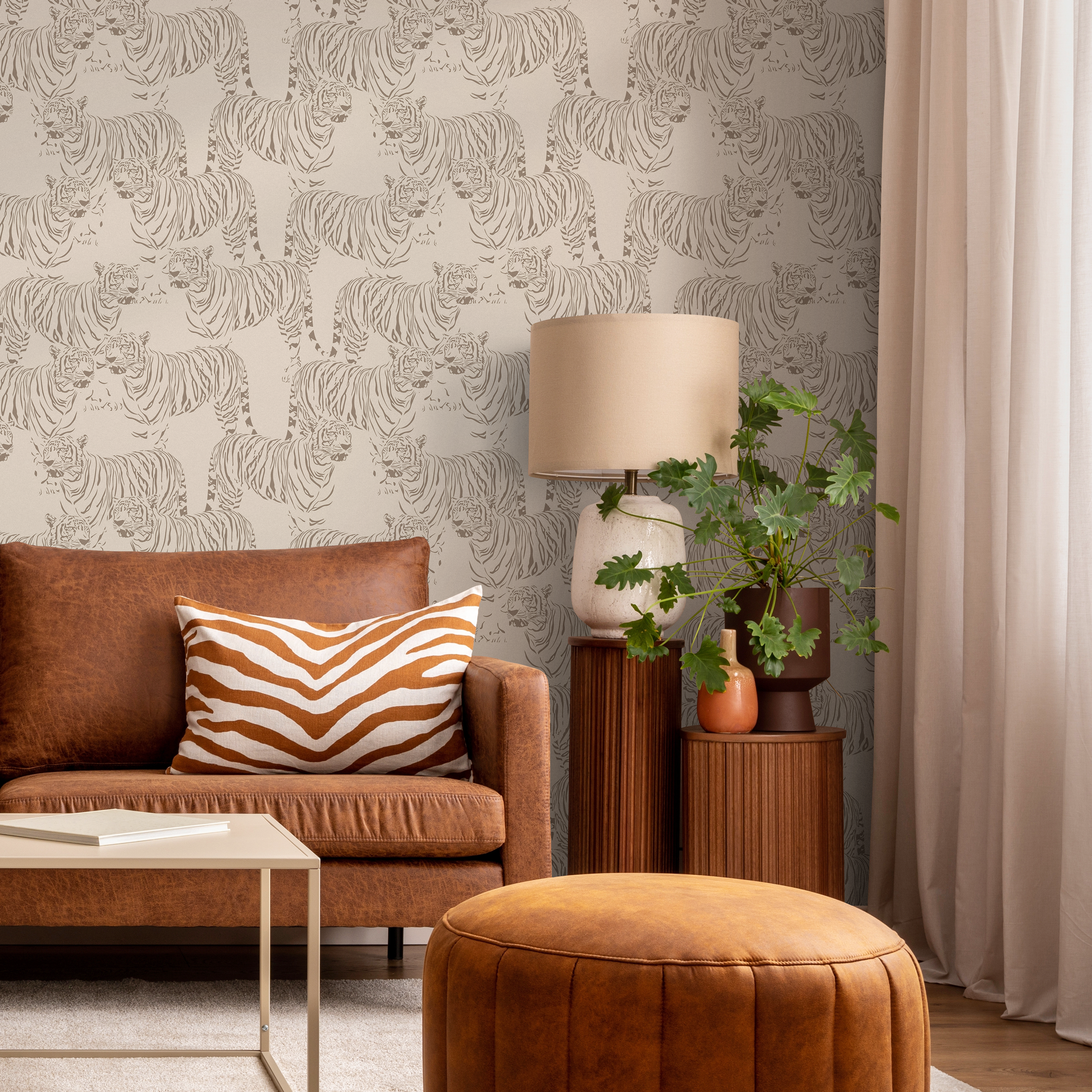 Animal Print Wallpaper With Illustrated Tigers In Beige And Taupe - Zadh