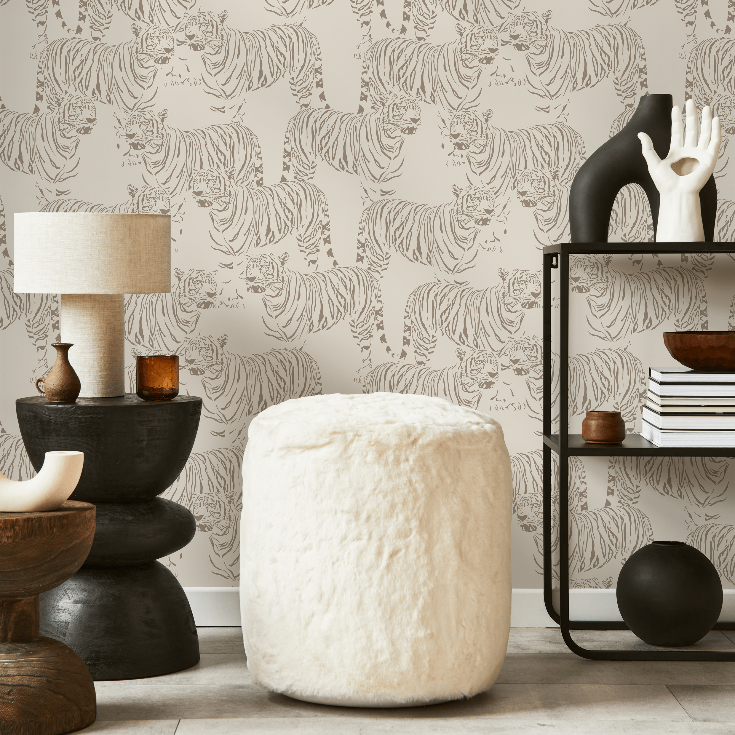 Animal Print Wallpaper With Illustrated Tigers In Beige And Taupe - Zadh