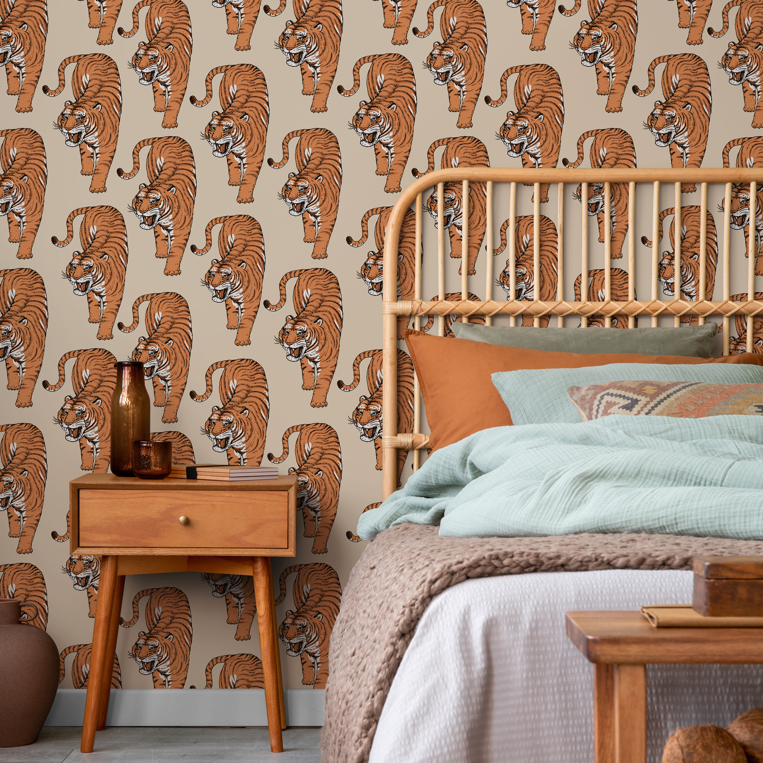 Animal Print Wallpaper Featuring Stylized Tigers In Orange, Black, And Beige - Zadi