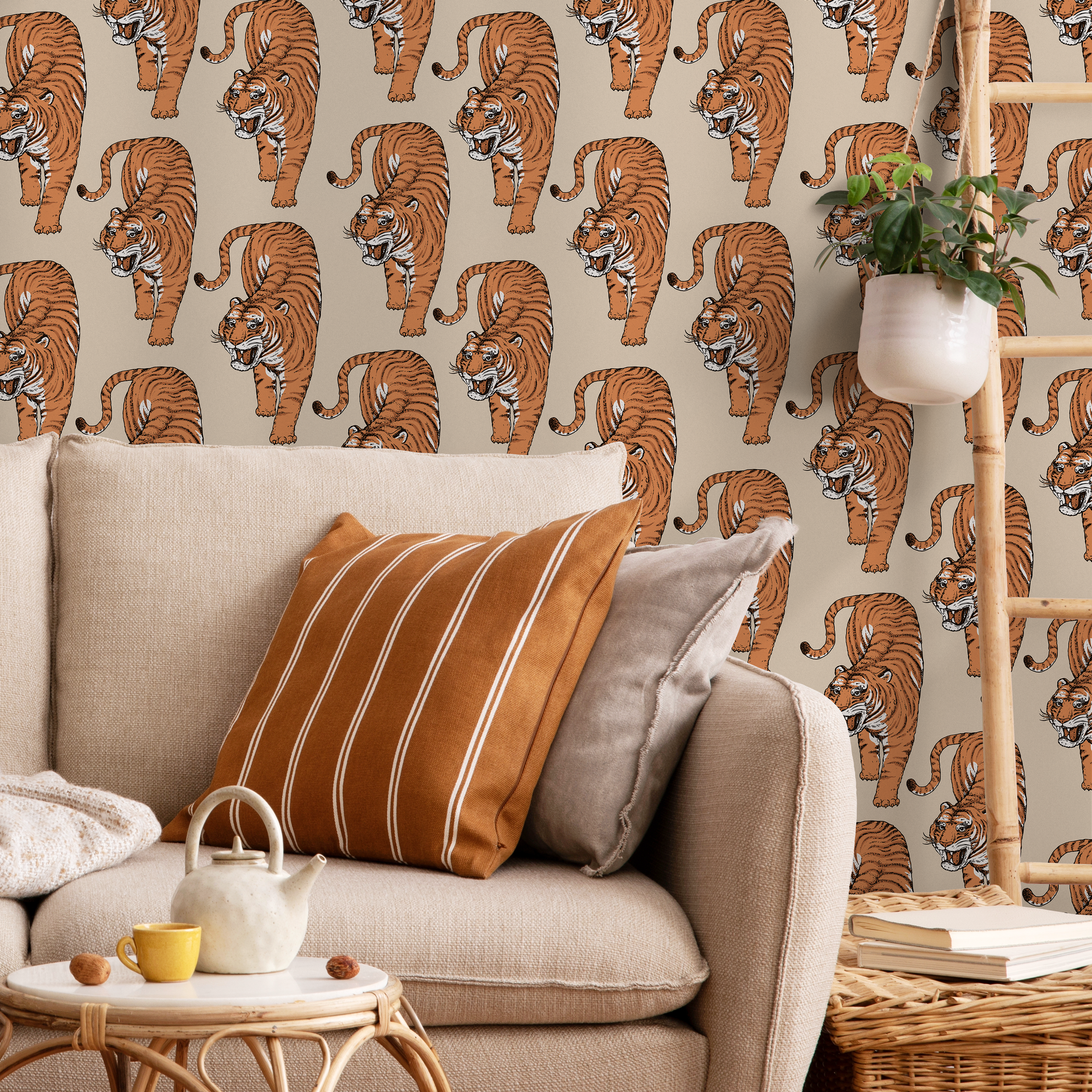 Animal Print Wallpaper Featuring Stylized Tigers In Orange, Black, And Beige - Zadi