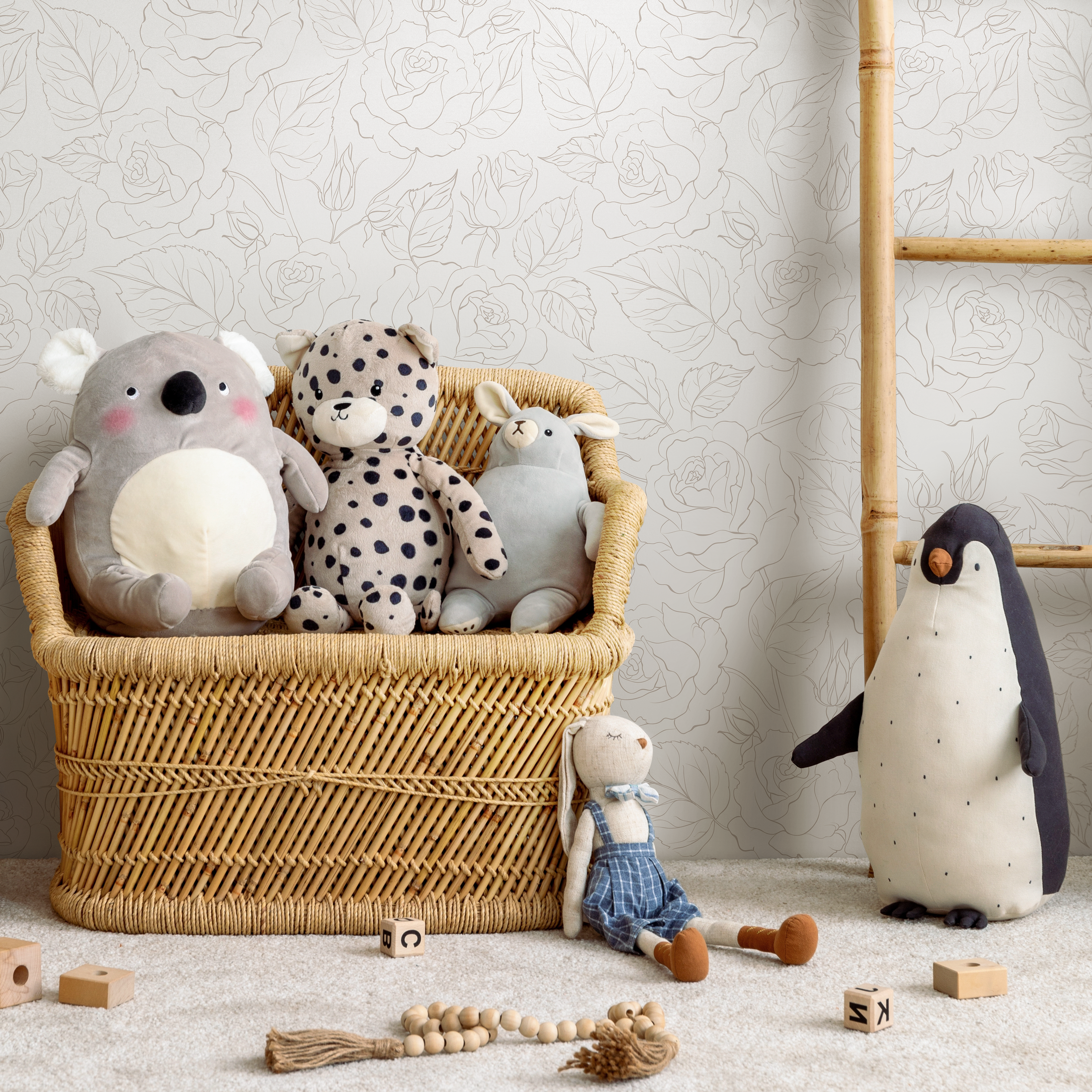 Rose Wallpaper With A Delicate Line Art Motif In Neutral Tones - Zadk