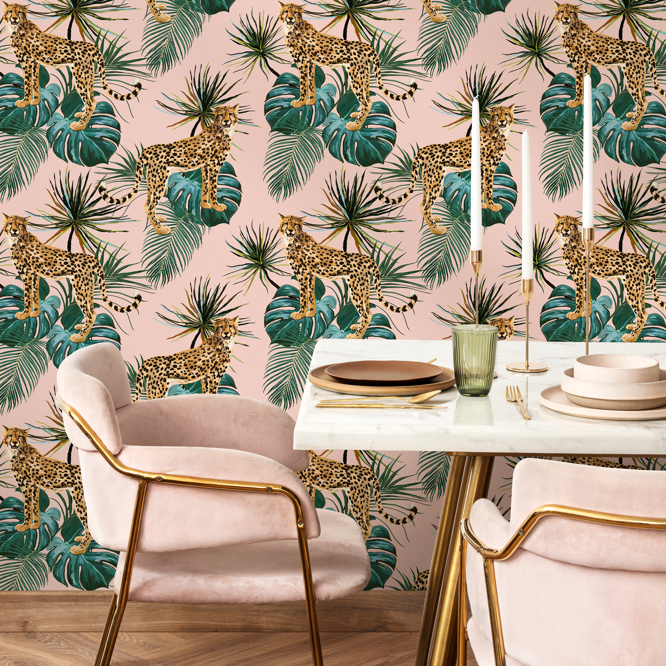 Animal Wallpaper With Cheetahs And Tropical Leaves In Pink And Green - Zadn