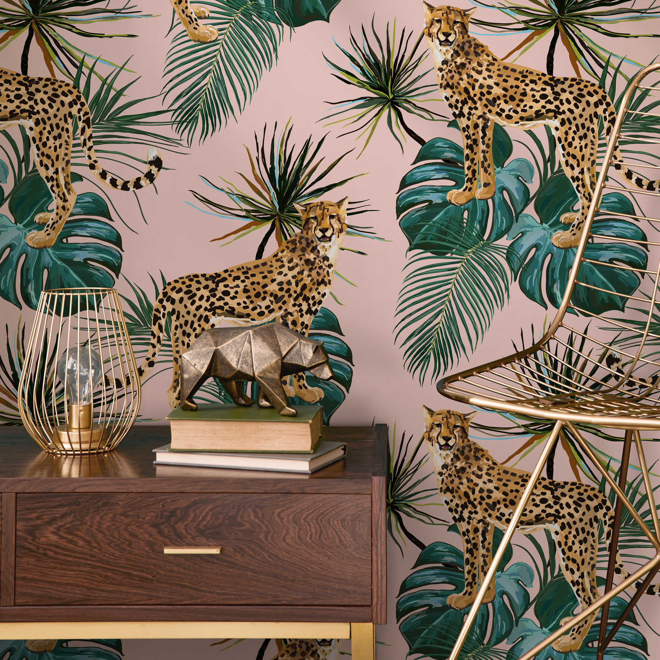 Animal Wallpaper With Cheetahs And Tropical Leaves In Pink And Green - Zadn