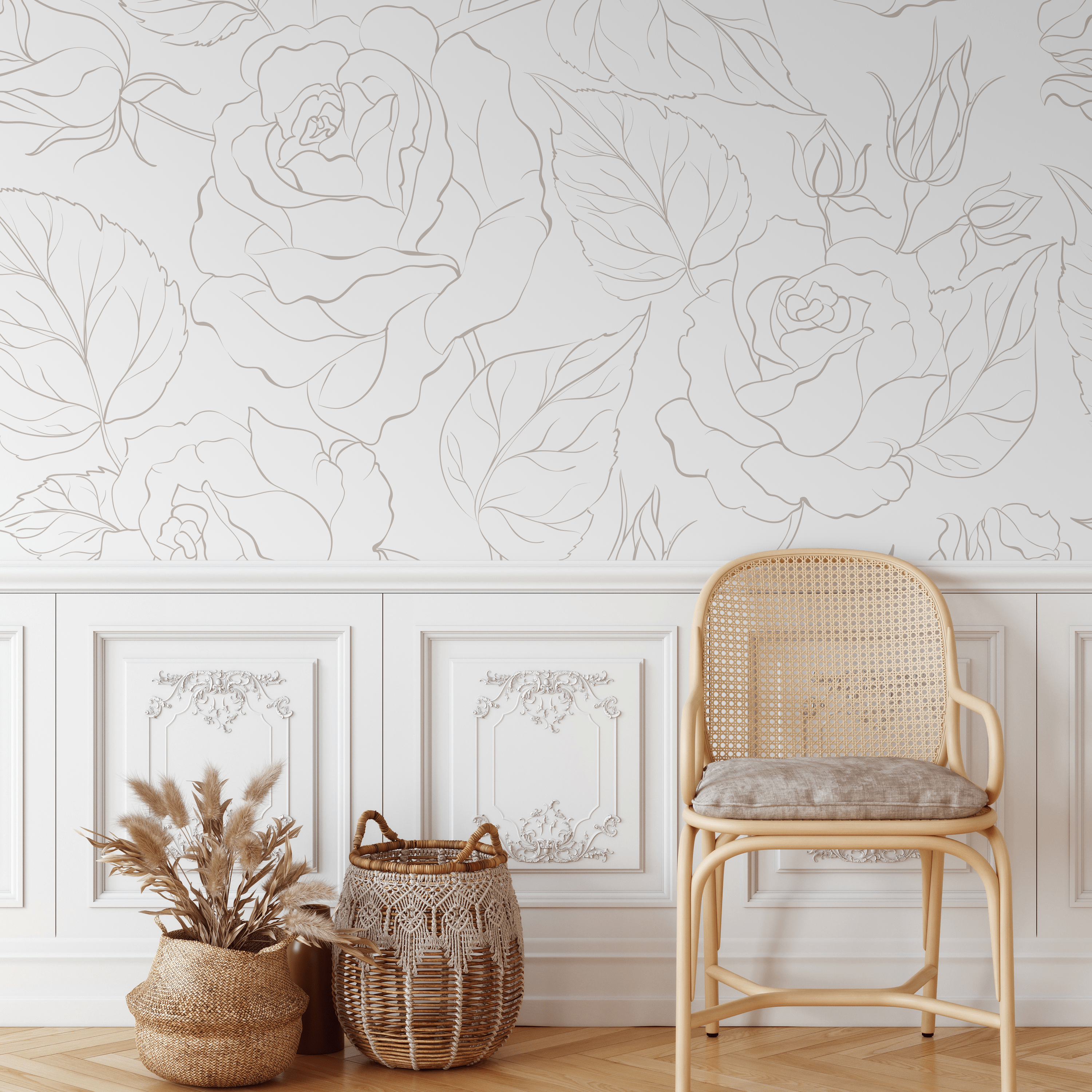 Floral Wallpaper With A Minimalist Peony Line Art In Beige - Zadp